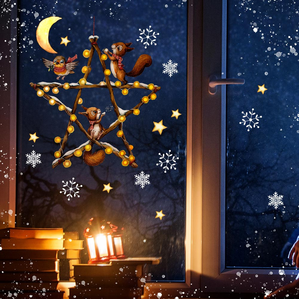 Fensterbild Weihnachtsdeko Weihnachten Weihnachtsstern Eichhrnchen  Schneeflocken Sterne wiederverwendbar Winter Fensterdeko Fensterbilder  Kinder Zimmer bf191 ~ Wandtattoos Elfentr, Tassen