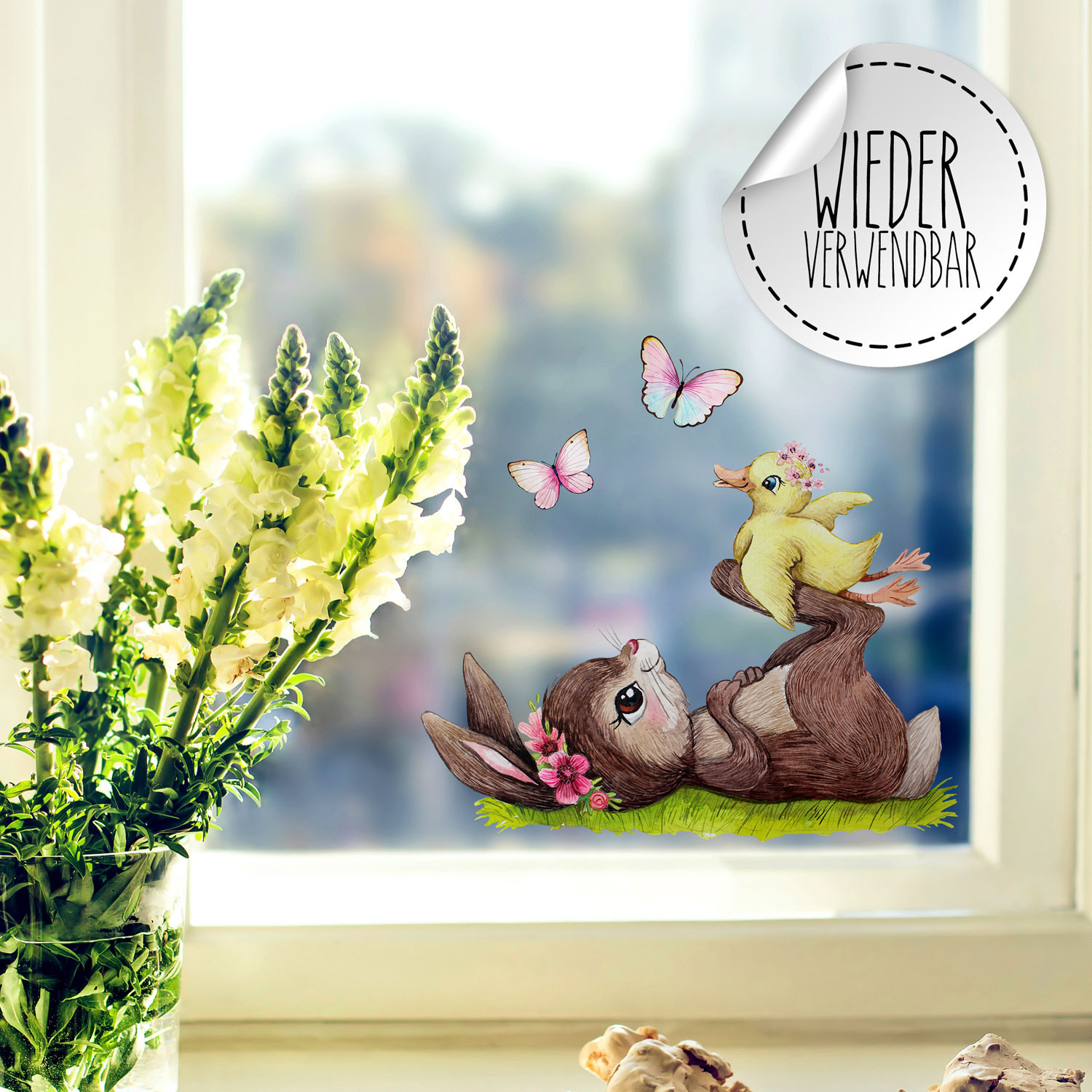 Fensterbild Hase mit Entchen & Schmetterlinge