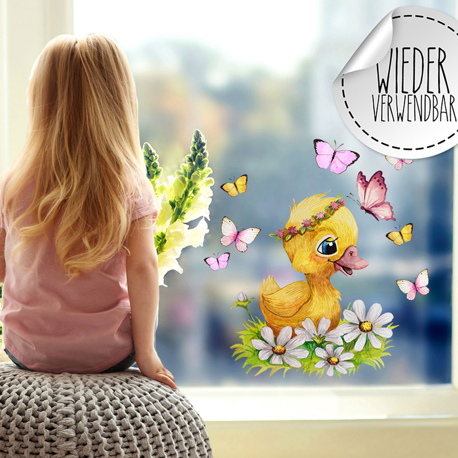 Fensterbild Ente Entchen Blumen Schmetterlinge