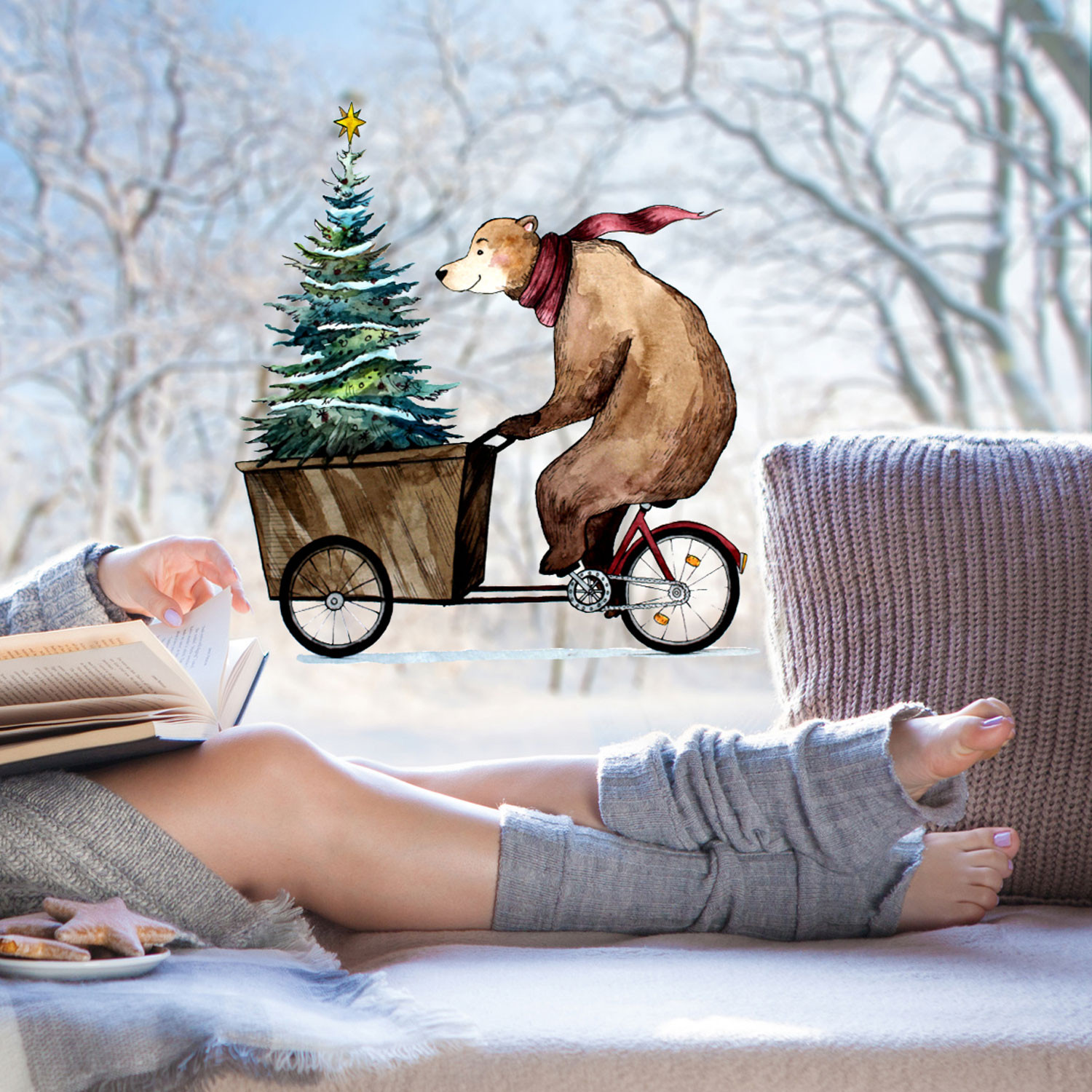 Fensterbild Bär auf Fahrrad mit Weihnachtsbaum