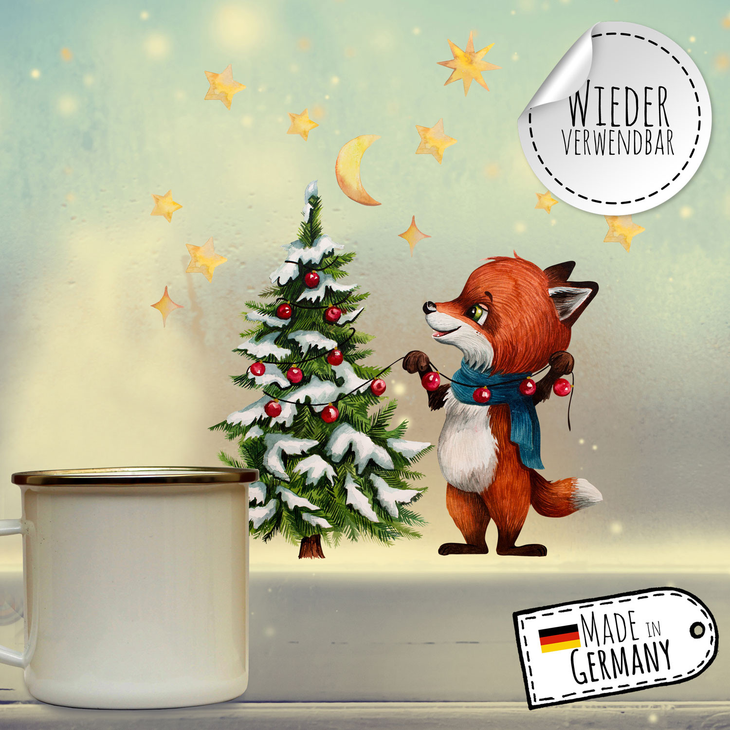 Fensterbild Weihnachtsdeko Weihnachten Fuchs Sterne -wiederverwendbar-  Fensterdeko Winter Fensterbilder Kinder Zimmer bf72 ~ Wandtattoos Elfentür,  Tassen