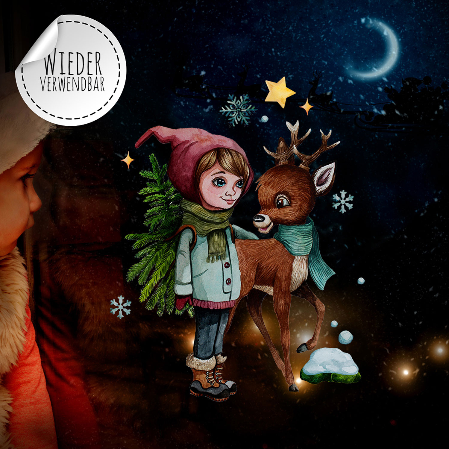 Fensterbild Weihnachtsdeko Weihnachten Madchen Reh Schneeflocken Wiederverwendbar Fensterdeko Winter Fensterbilder Kinder Bf73 Wandtattoos Elfentur Tassen