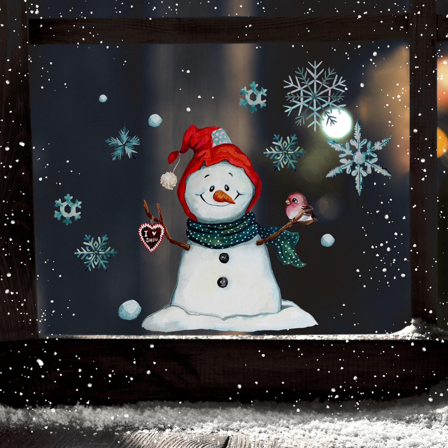 Fensterbild Weihnachtsdeko Schneemann Vogel Schneeflocken