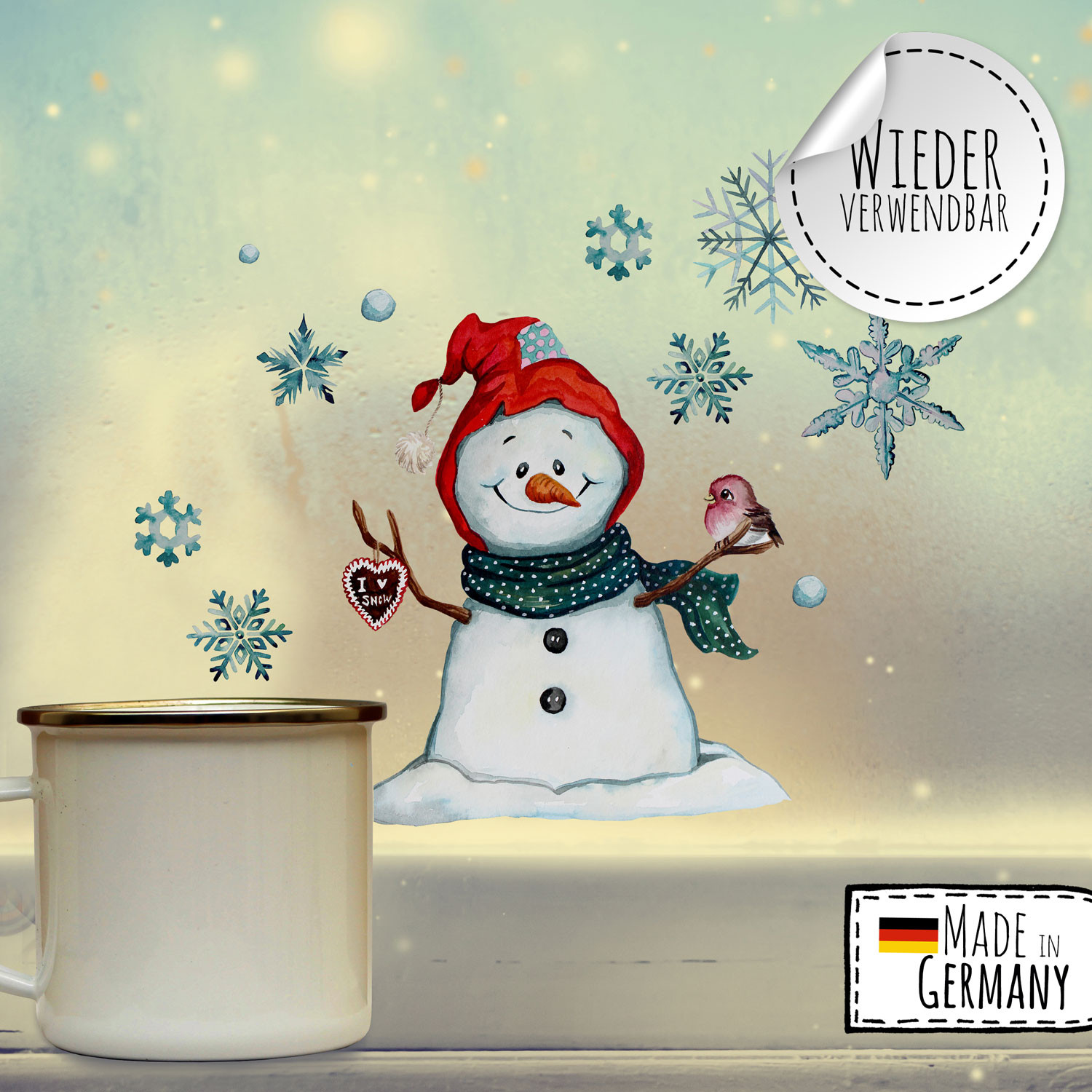 Fensterbild Weihnachtsdeko Schneemann Vogel Schneeflocken