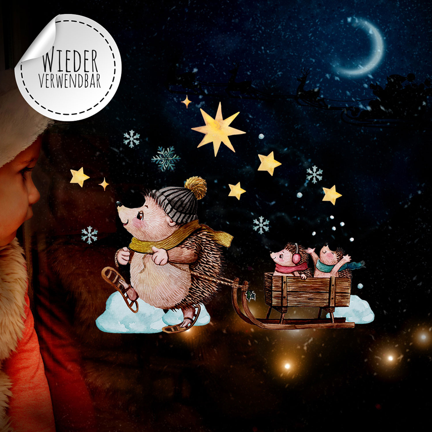 Fensterbild Weihnachtsdeko Weihnachten Igel Schlitten Wiederverwendbar Fensterdeko Winter Fensterbilder Kinder Bf76 Wandtattoos Elfentur Tassen