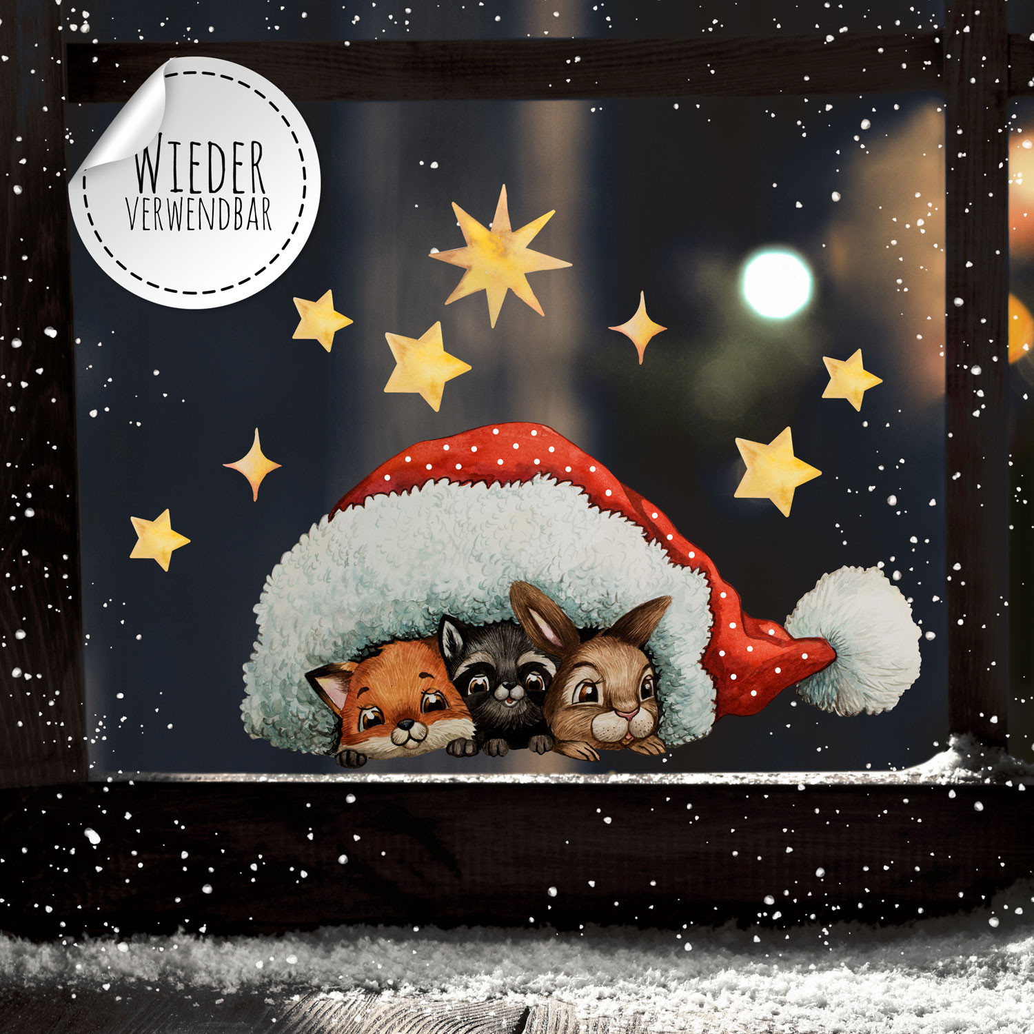 Fensterbild Weihnachtsdeko Tiere unter Mütze Sterne -wiederverwendbar