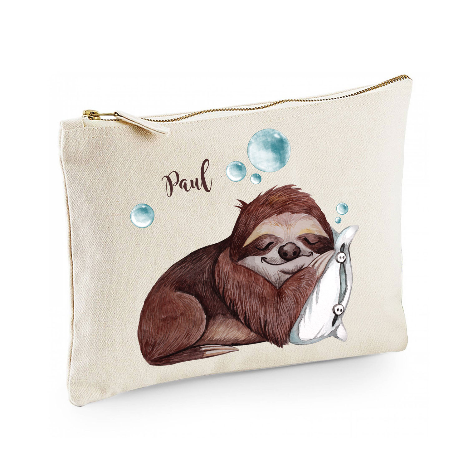 Canvas Pouch Tasche Mit Faultier-Motiv – Personalisierbar Mit Namen, 20x28 Cm, Reißverschluss, Aus Baumwolle