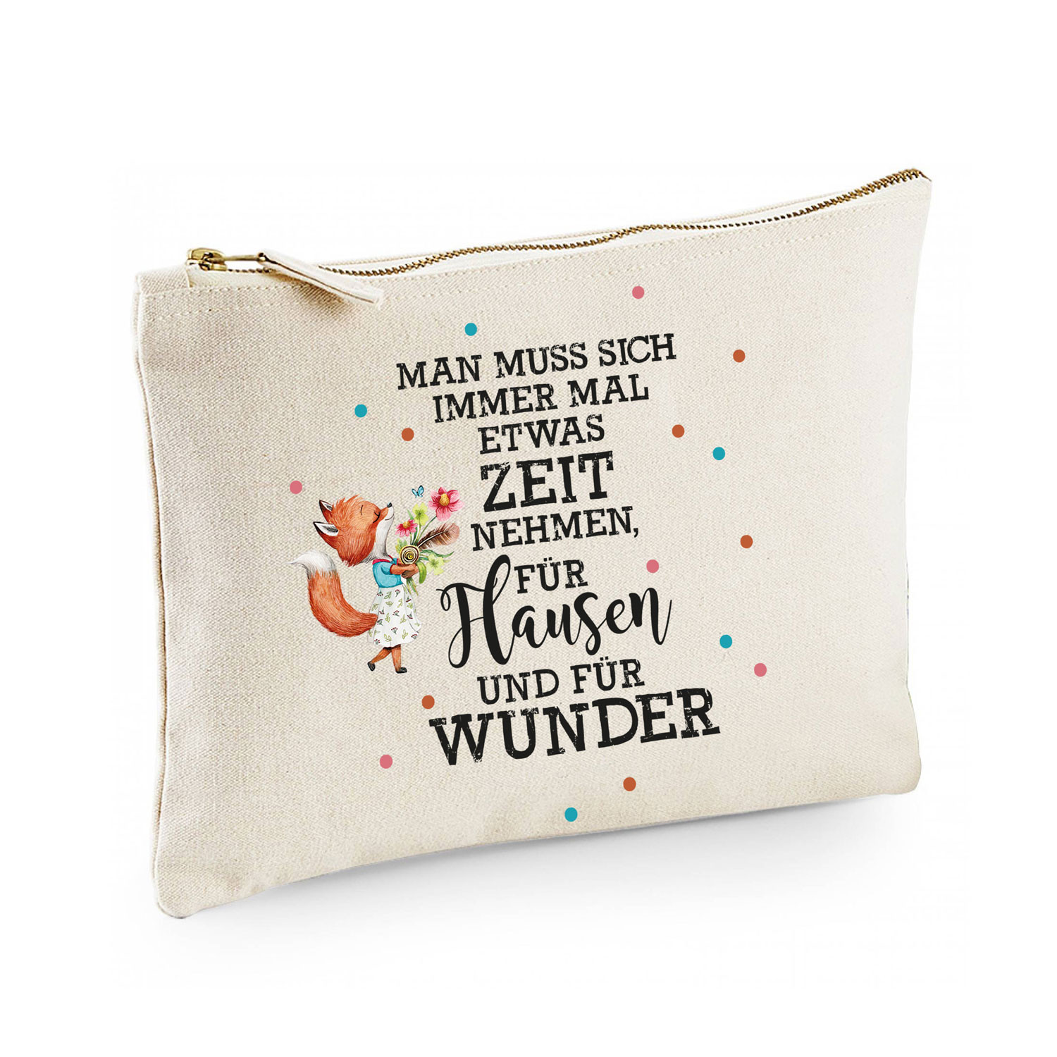 Canvas Pouch Tasche mit Fuchs & Spruch Zeit für Flausen