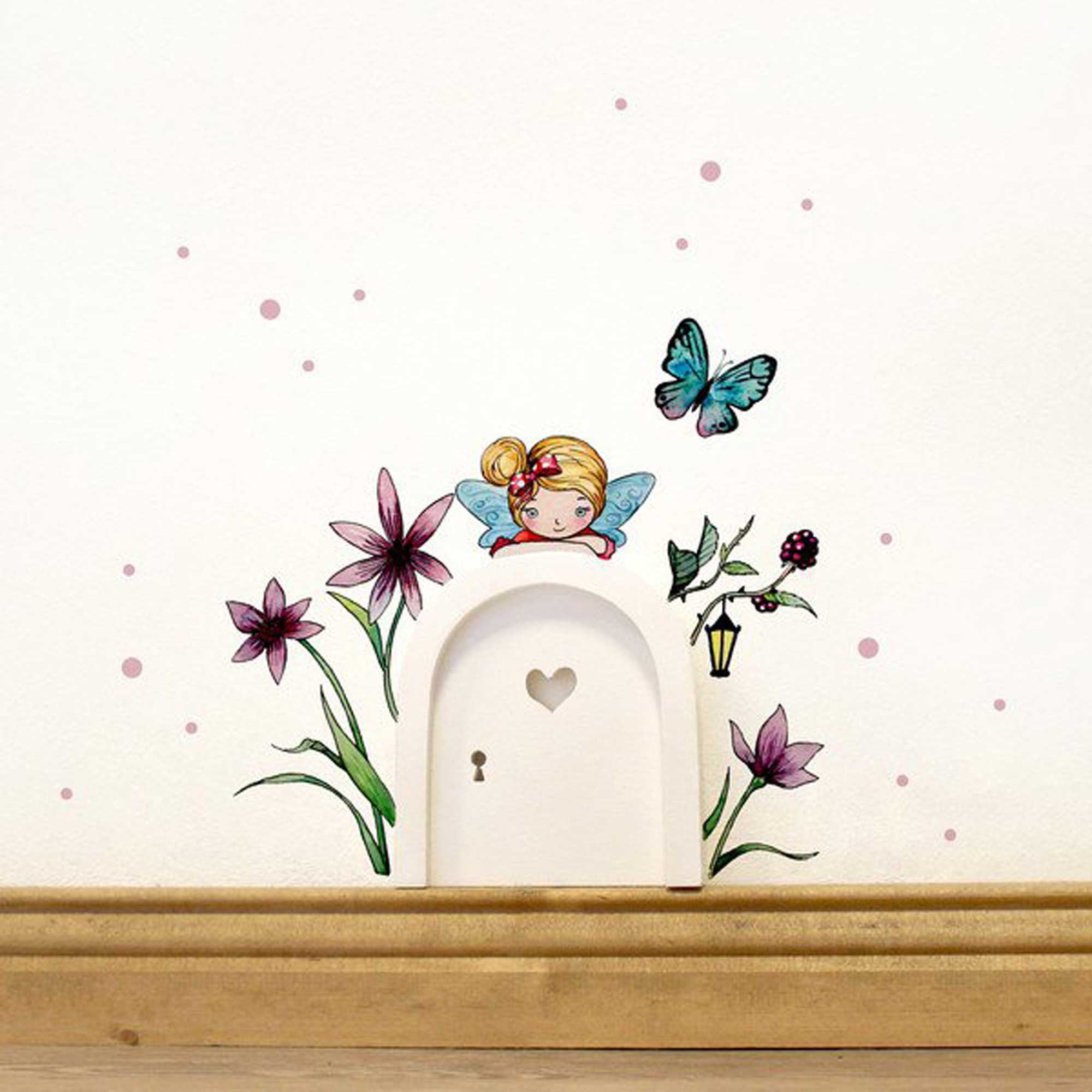 Schmetterling Wandtattoo Punkten und Tassen Blumen Elfe Elfentür e08 ~ kleine Fee mit Wandtattoos mit Elfentür,
