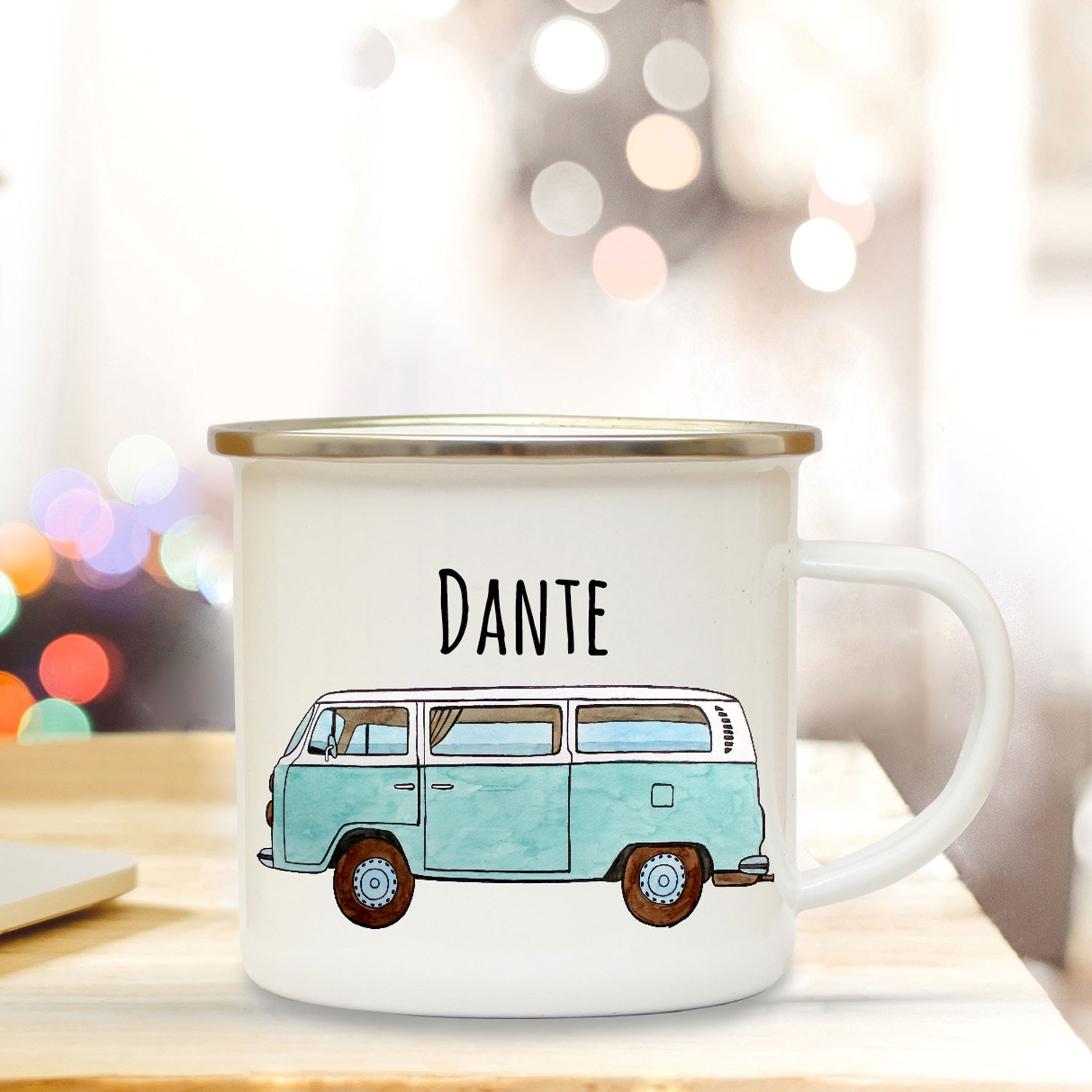 Emaille Becher Camping Tasse mit Bus Bulli Autobus Surfbus hellblau & Name  Wunschname Kaffeetasse Geschenk eb103 ~ Wandtattoos Elfentür, Tassen