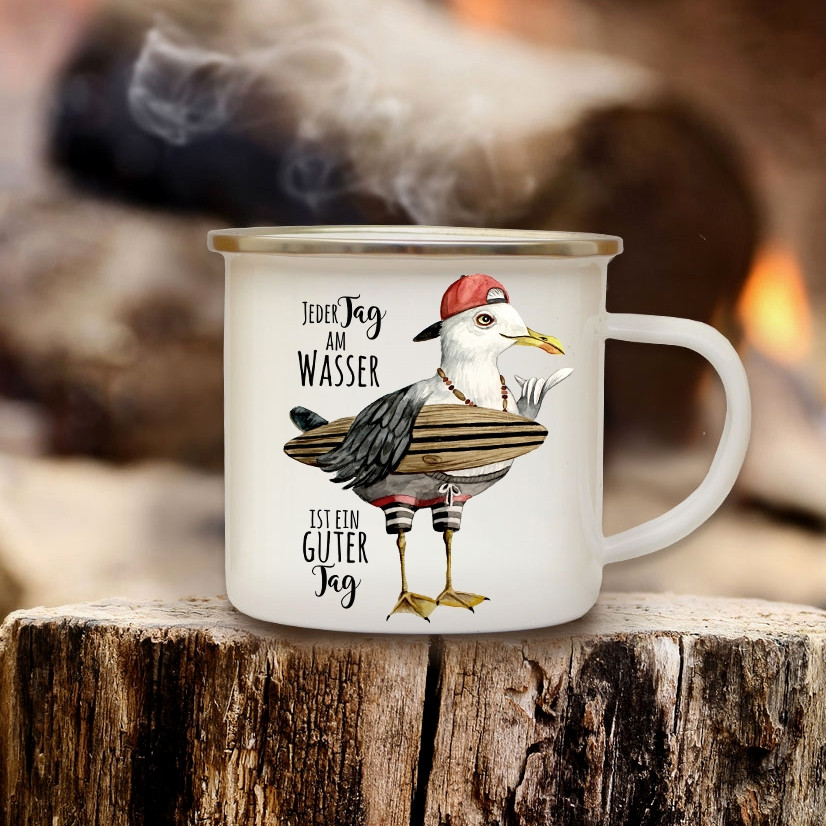 Emaille Becher Camping Tasse Maritim Surfer Mowe Spruch Motto