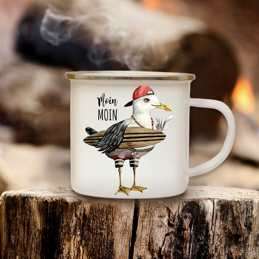 Emaille Becher Camping Tasse Maritim Surfer Mowe Spruch Motto Moin Moin Kaffeetasse Zitat Geschenk Eb113 Wandtattoos Elfentur Tassen