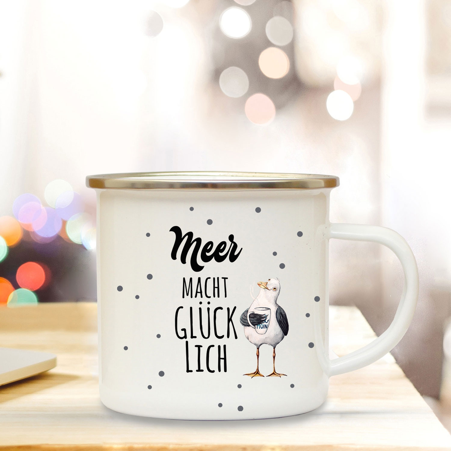 Emaille Becher Camping Tasse maritim Möwe & Spruch Motto Meer macht