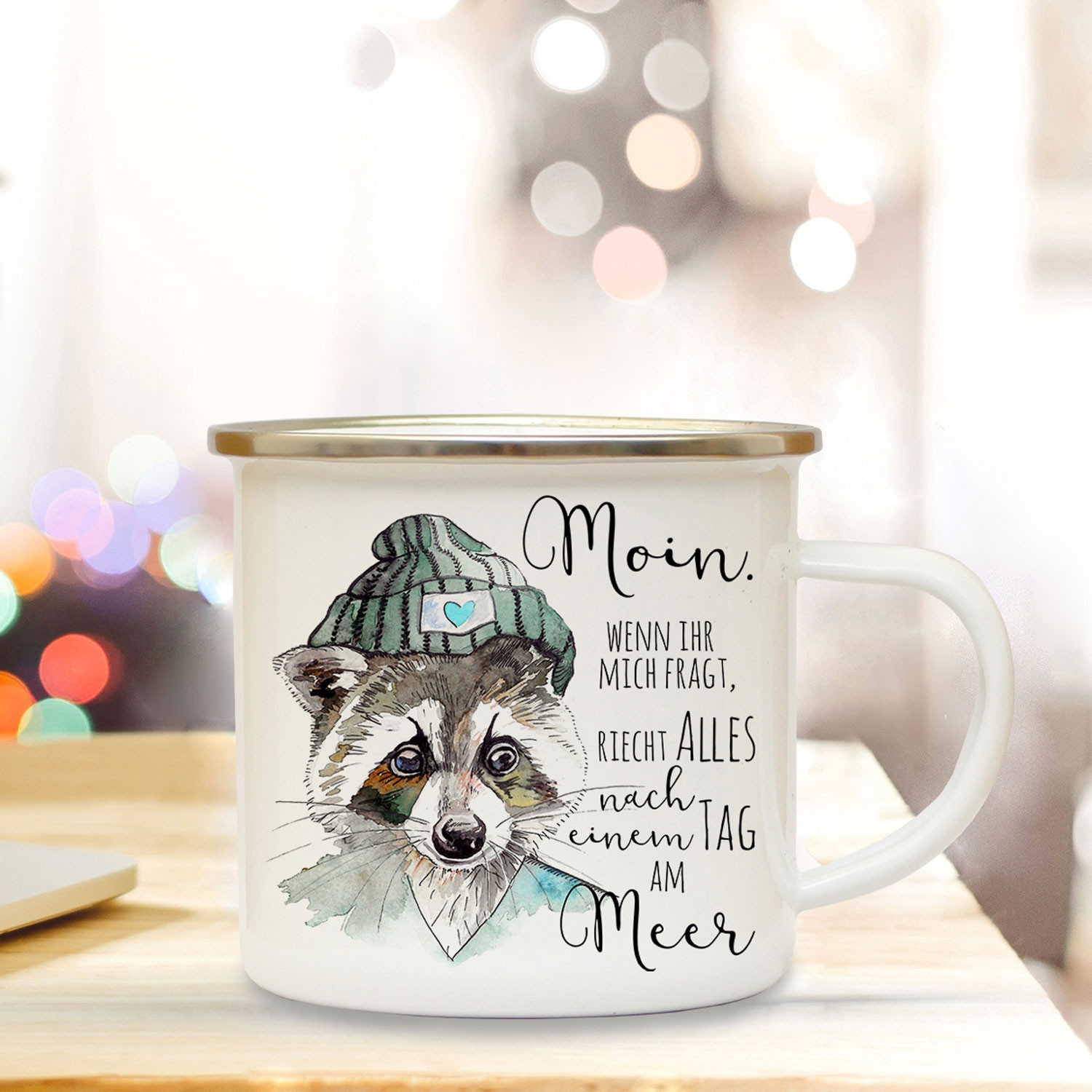Emaille Becher Camping Tasse Waschbär Kaffeetasse Geschenk maritim