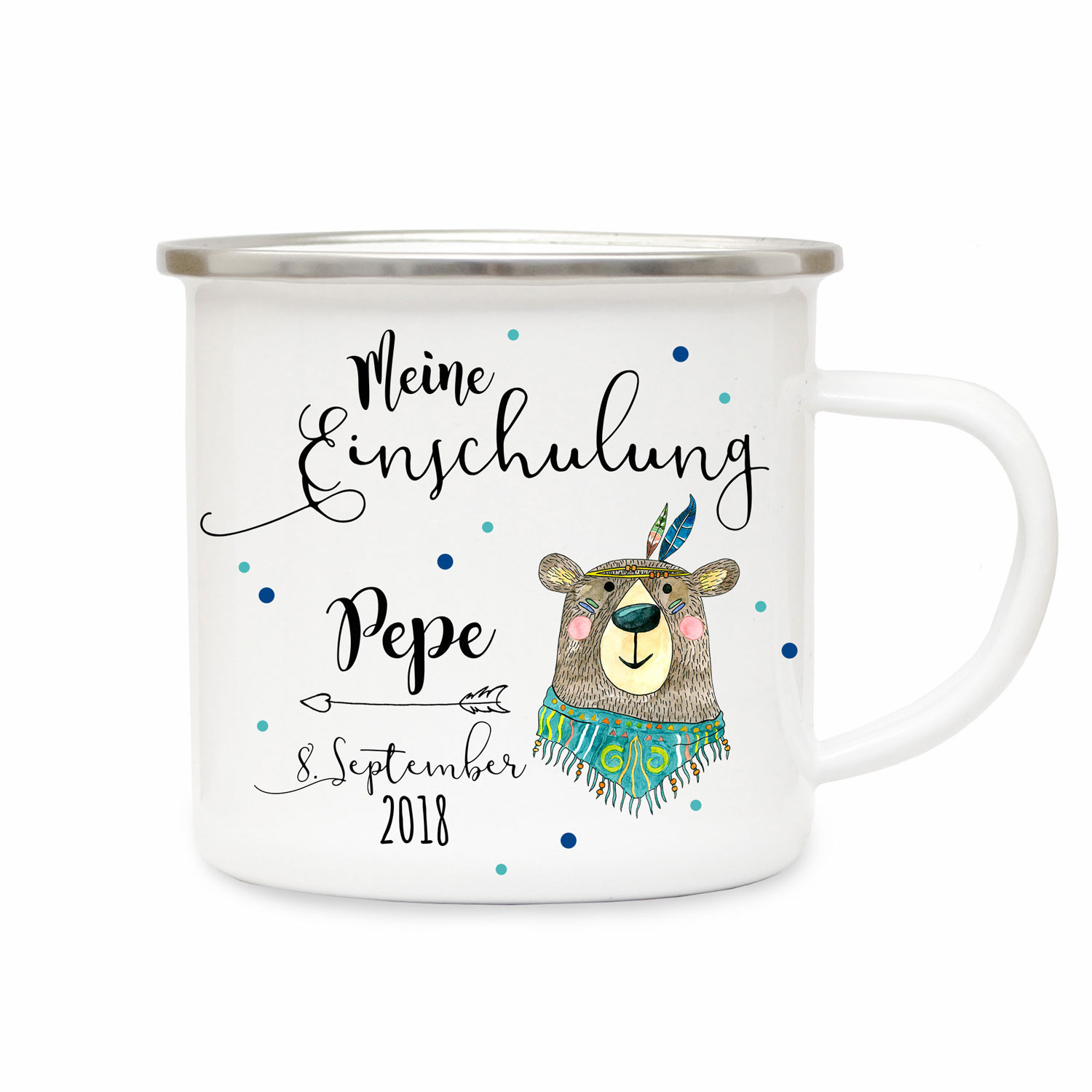 Emaille Becher Camping Tasse Boho Bär & Spruch meine Einschulung