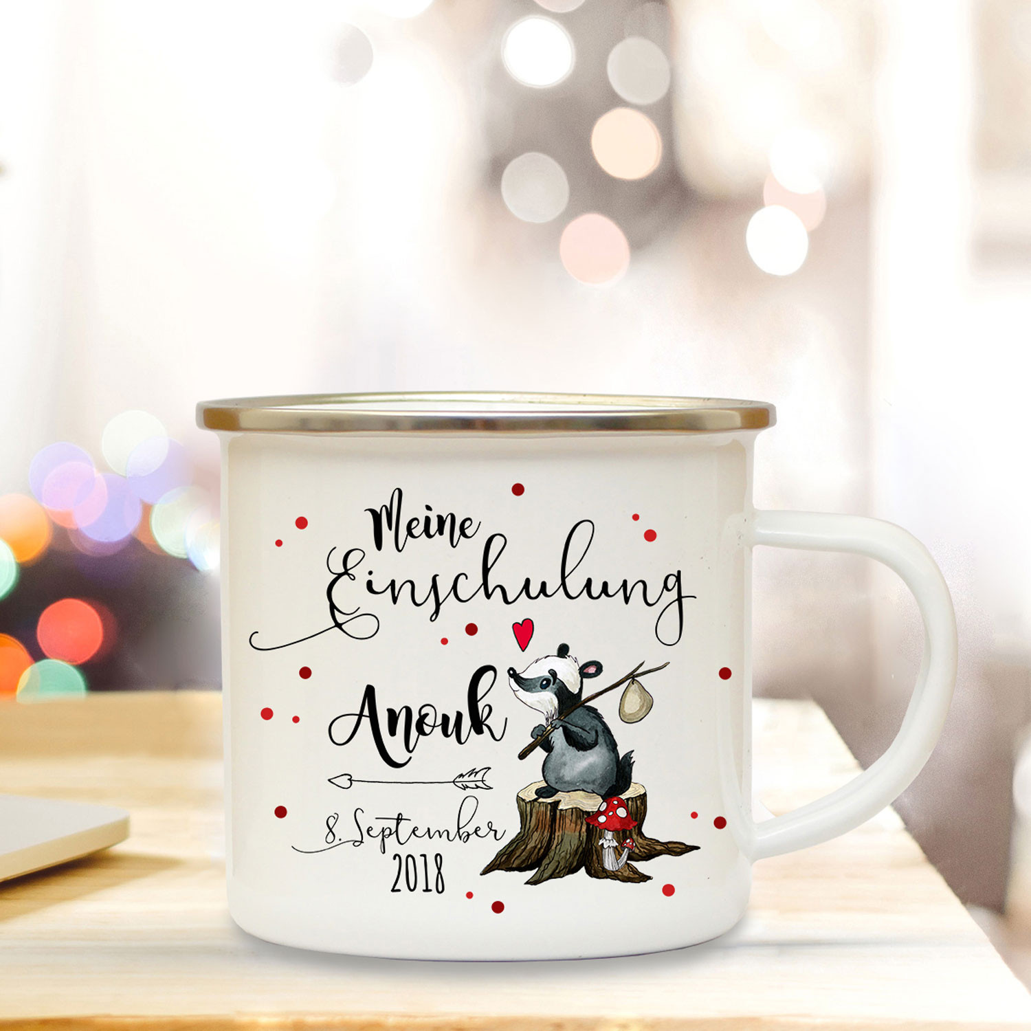 Emaille Becher Camping Tasse Waschbär & Spruch meine Einschulung