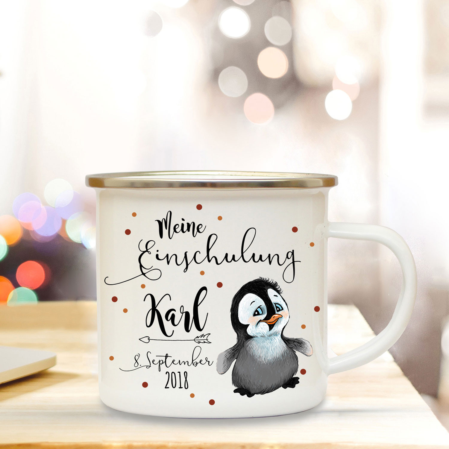 Emaille Becher Camping Tasse Pinguin & Spruch meine Einschulung Kaffeetasse  Geschenk mit Name Wunschname & Datum eb192