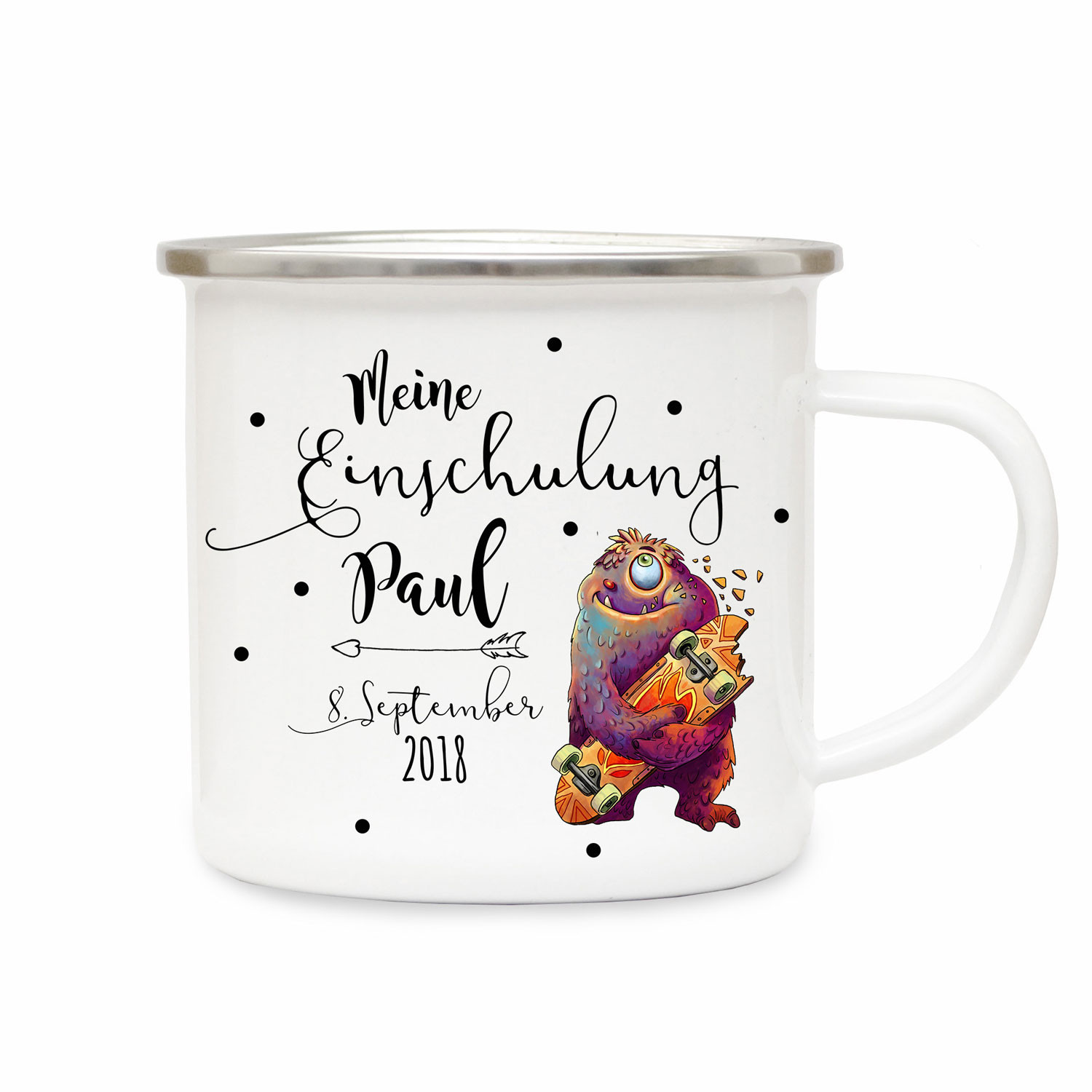 Emaille Becher Camping Tasse Kleines Monster Spruch Meine Einschulung Kaffeetasse Geschenk Mit Name Wunschname Datum Eb194 Wandtattoos Elfentur Tassen