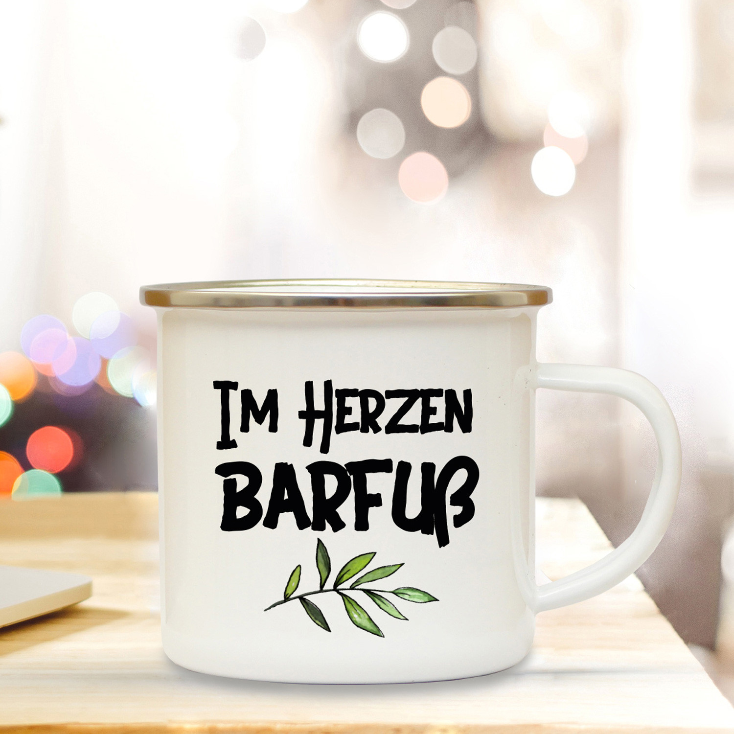 Emaillebecher Motto Im Herzen Barfuß mit Zweig Campingtasse mit Spruch