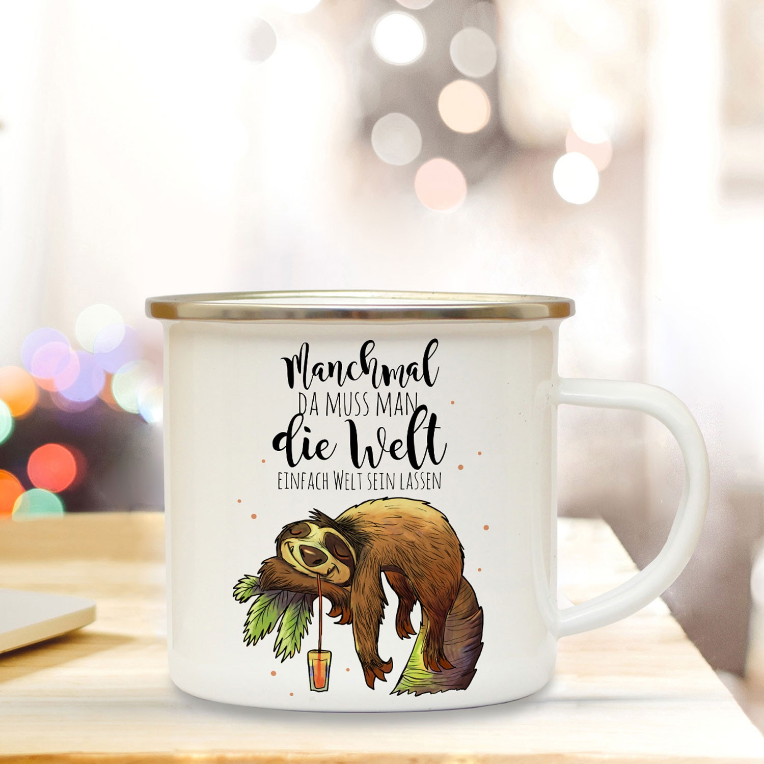 Emaille Tasse Becher mit Faultier & Spruch Kaffeebecher Camping Becher