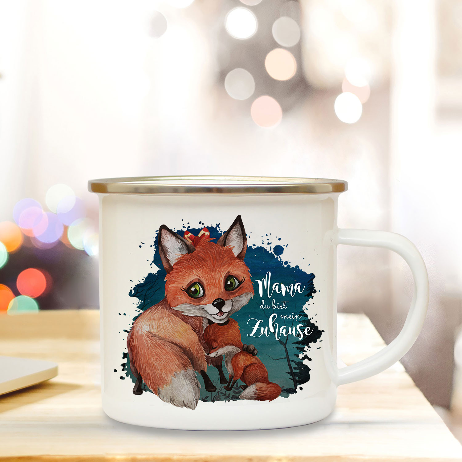 Emaille Becher Camping Tasse Fuchs Fuchsmama mit Junges &amp; Spruch Mama mein Zuhause Kaffeetasse