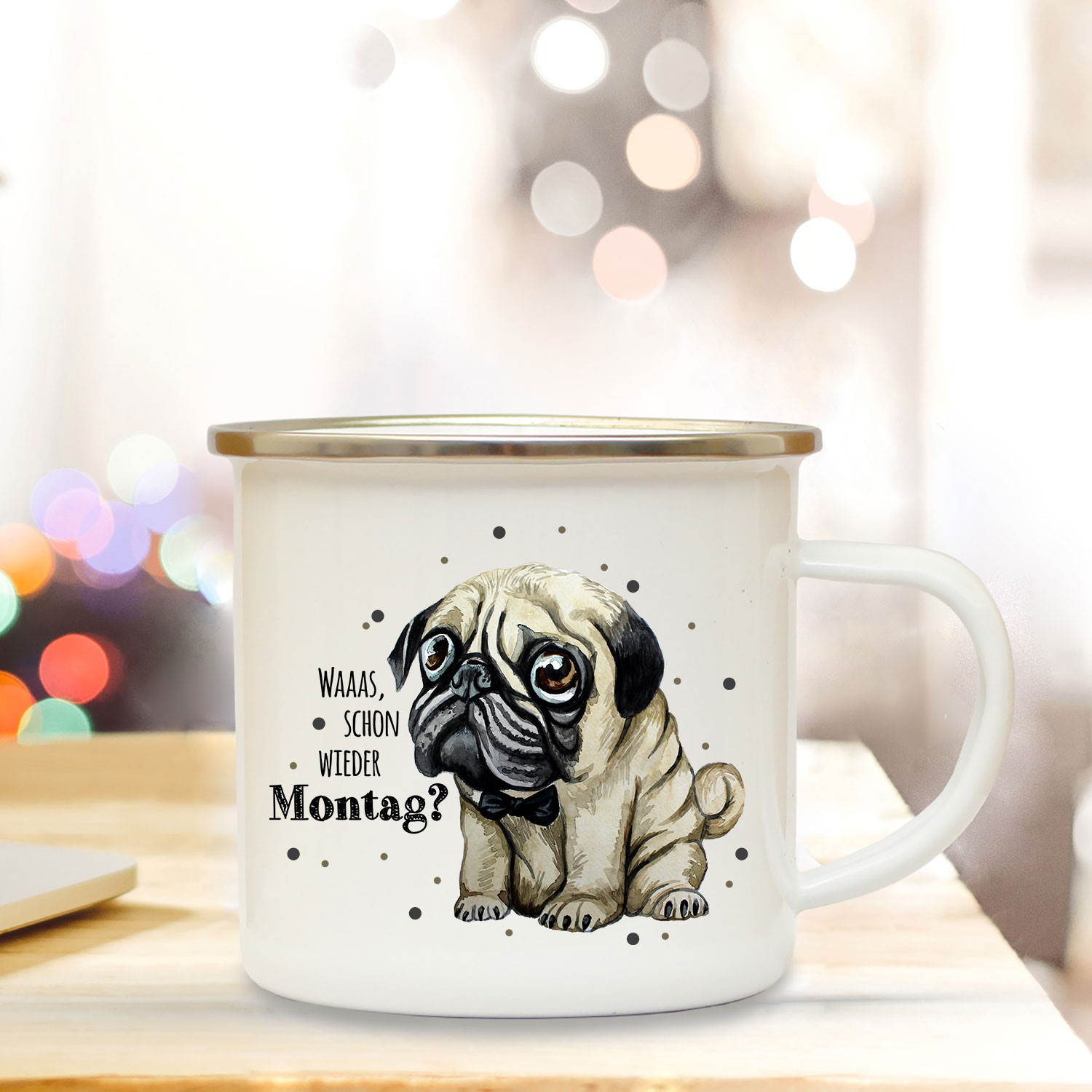Emaille Becher Camping Tasse Mit Traurigen Mops Hund Spruch Waaas Wieder Montag Kaffeetasse Geschenk Spruchecher Eb312 Wandtattoos Elfentur Tassen