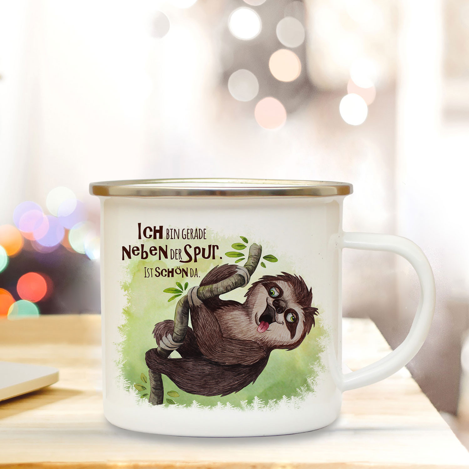 Emaille Becher Camping Tasse mit Faultier & Spruch Bin ...