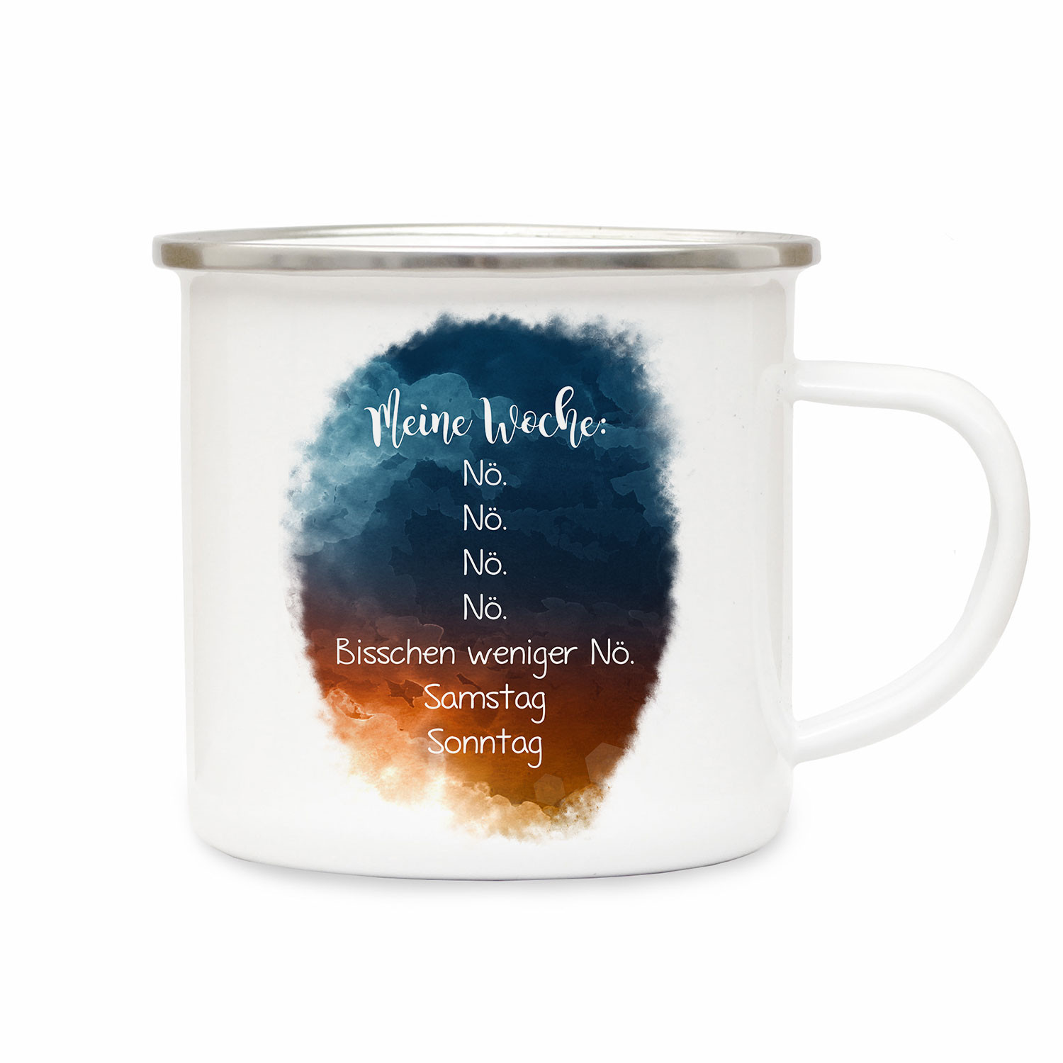 Emaille Becher Camping Tasse mit Spruch Meine Woche nö Kaffeetasse Geschenk Spruchbecher eb319
