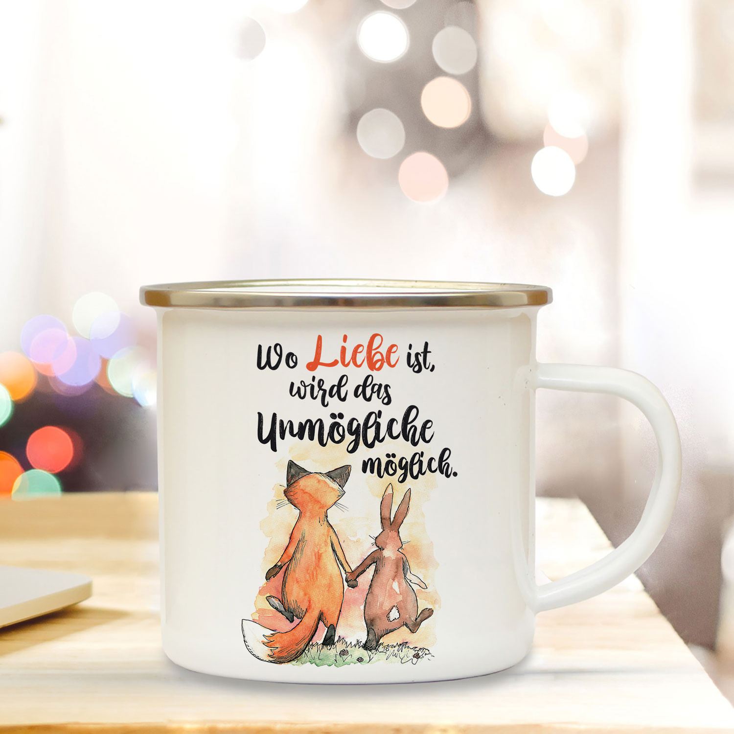 Emaille Becher Camping Tasse Fuchs & Hase Spruch Wo Liebe ist