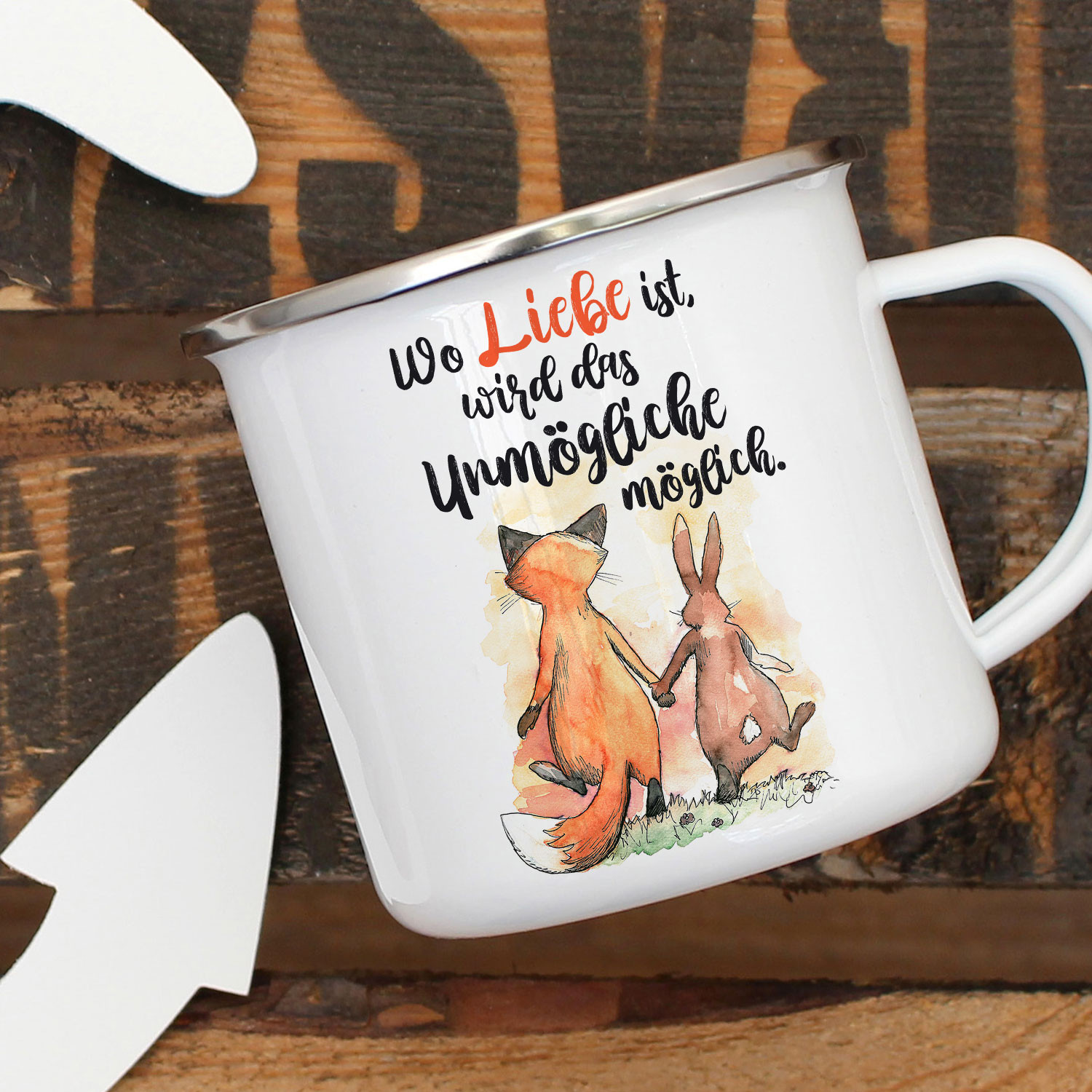 Emaille Becher Tasse Kaffeebecher Fuchs & Hase Spruch Wo Liebe ist.. eb322 