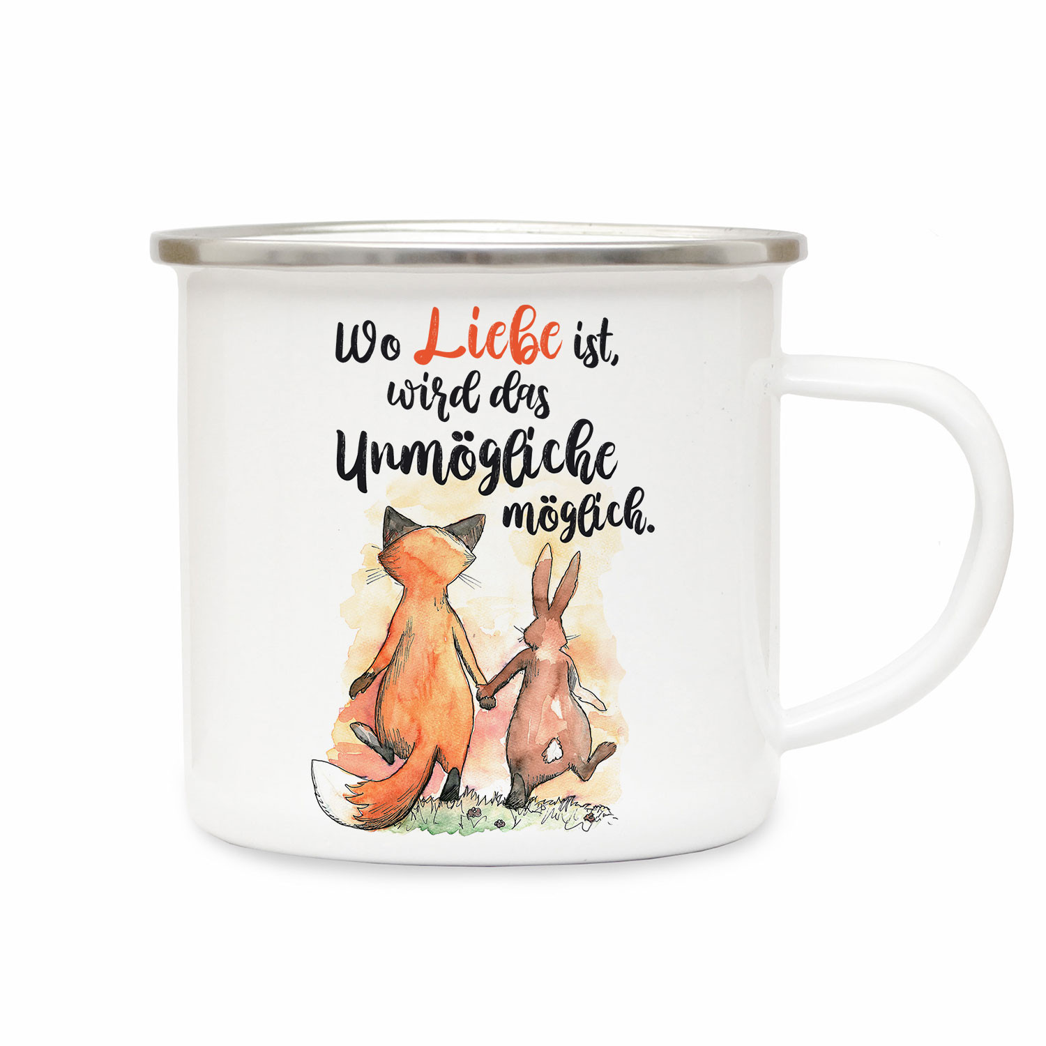 Emaille Becher Tasse Kaffeebecher Fuchs & Hase Spruch Wo Liebe ist.. eb322 