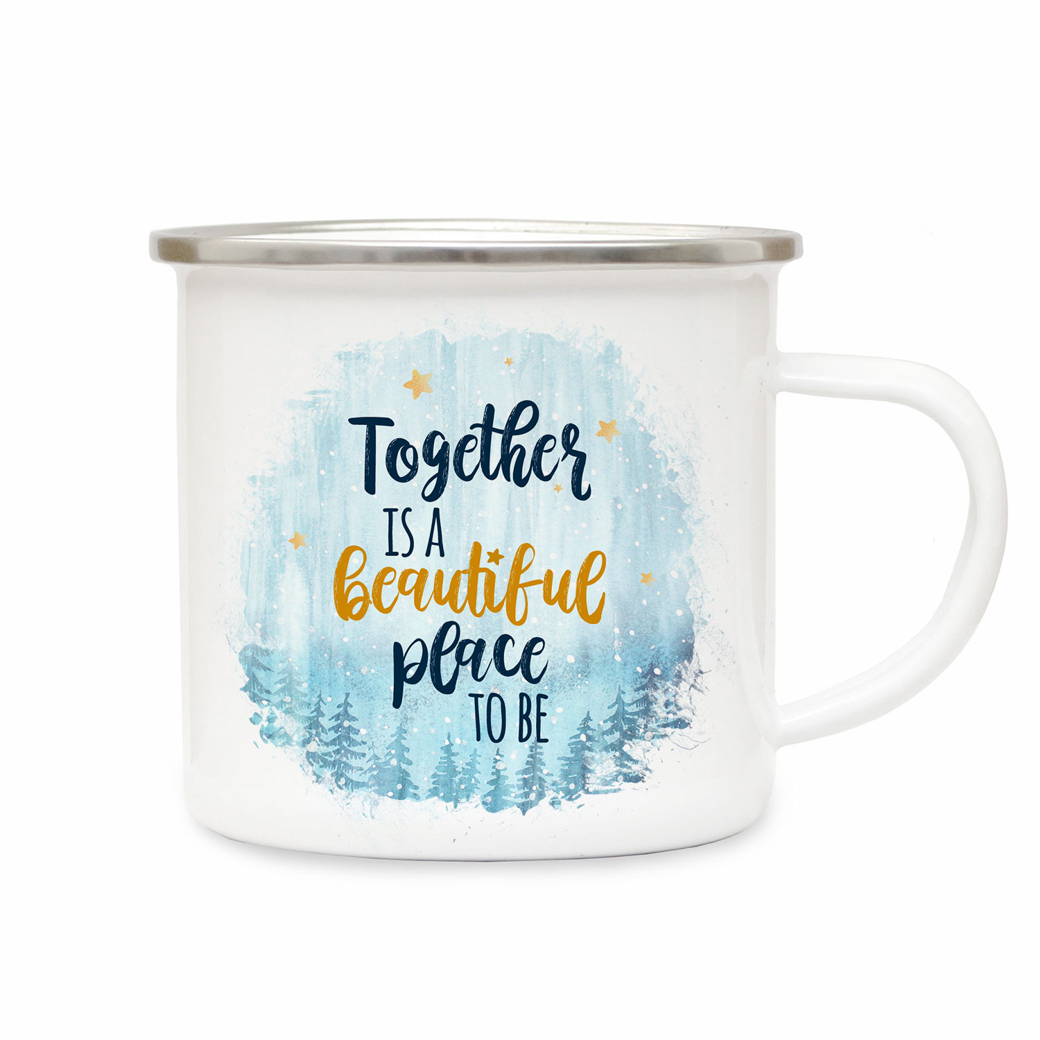 Emaille Becher Camping Tasse mit Spruch Together is a beautiful place to be Kaffeetasse Geschenk