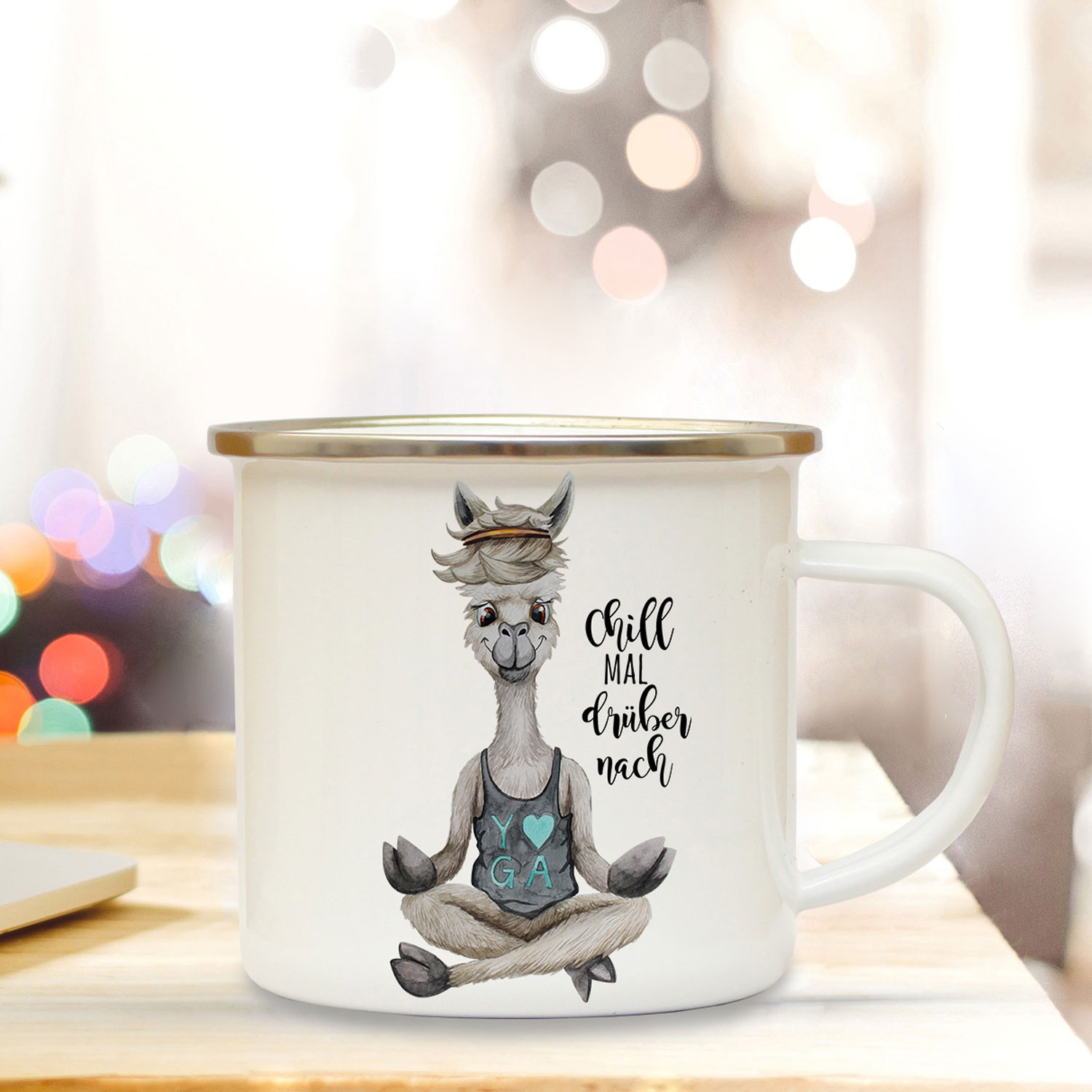 Emaille Becher Camping Tasse Motiv Alpaka Yoga Spruch Chill Mal