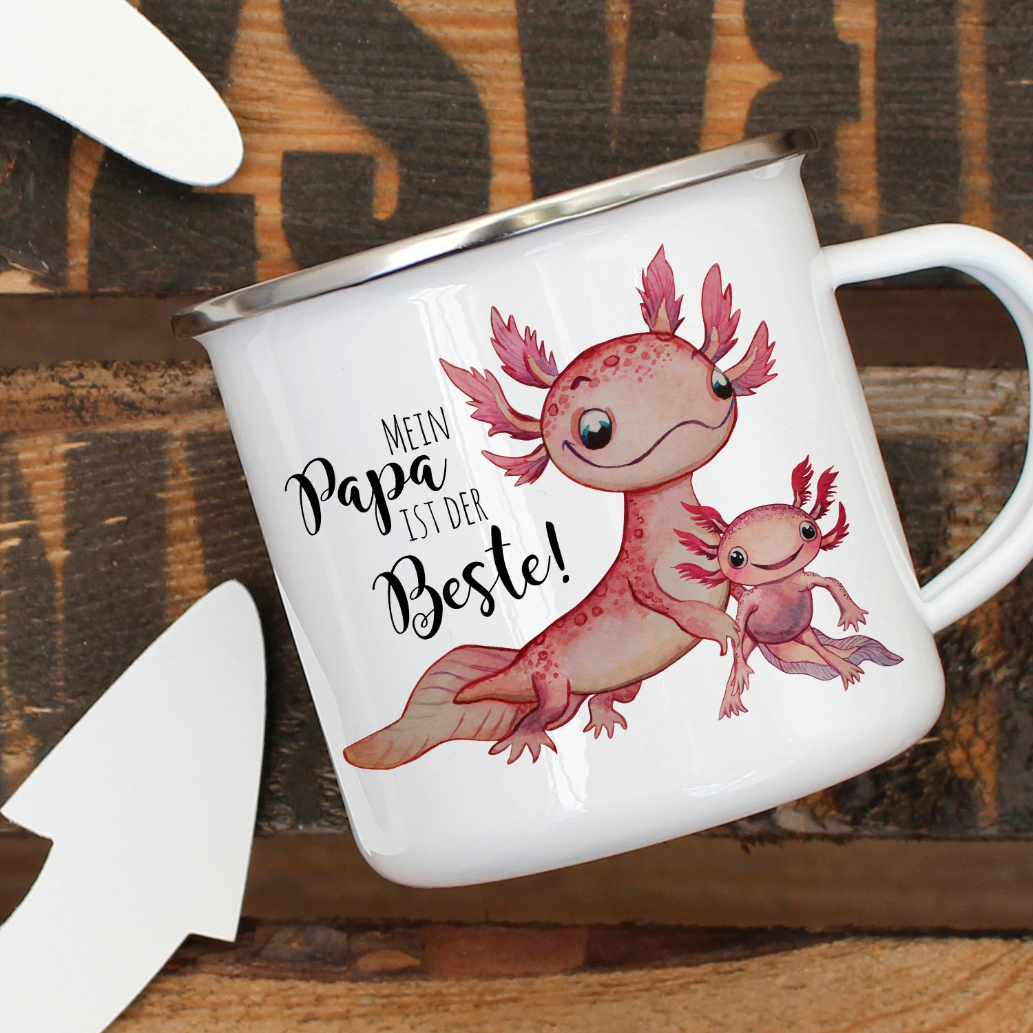 Emaille Becher Camping Tasse Motiv Axolotl mit Kinder Spruch Papa ist
