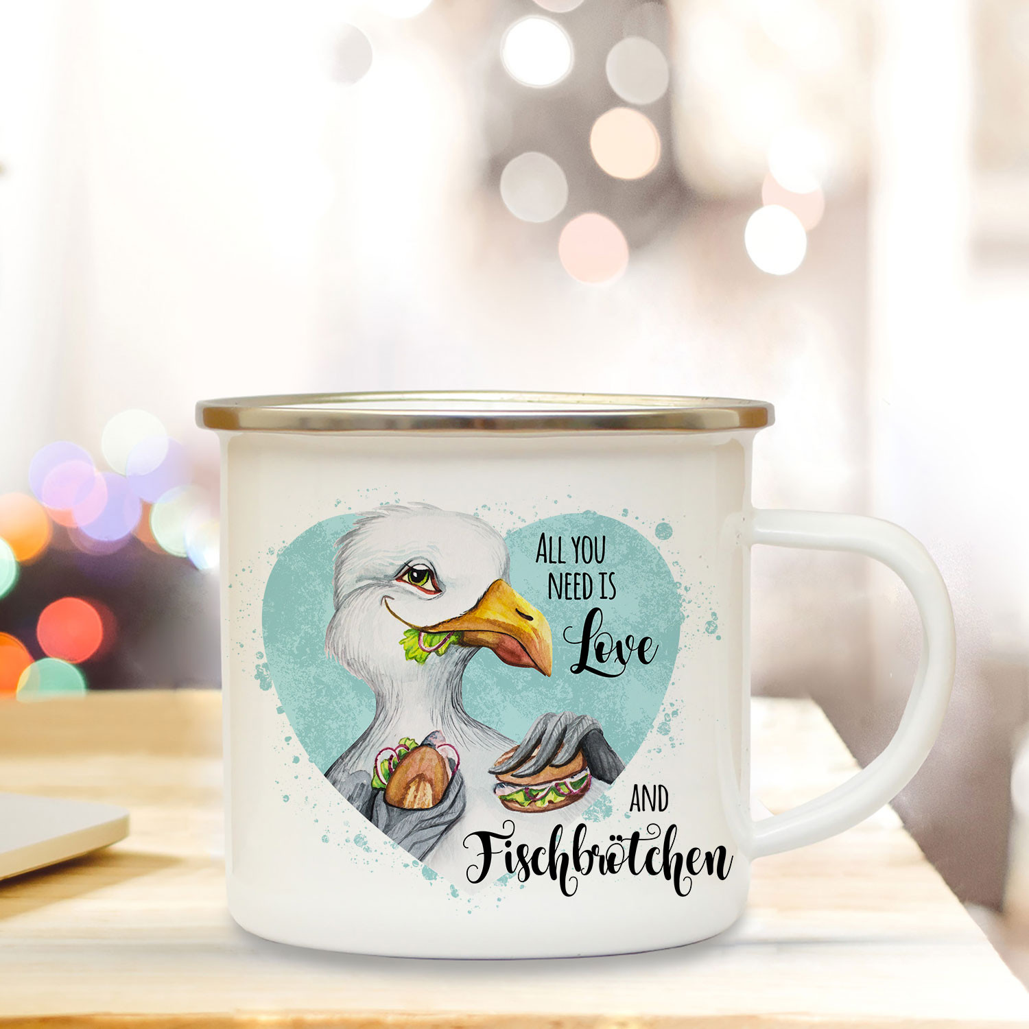 Emaille Becher Mit Möwen-Motiv & Spruch - Ø 85 Mm, H 80 Mm, Perfekt Als Geschenk