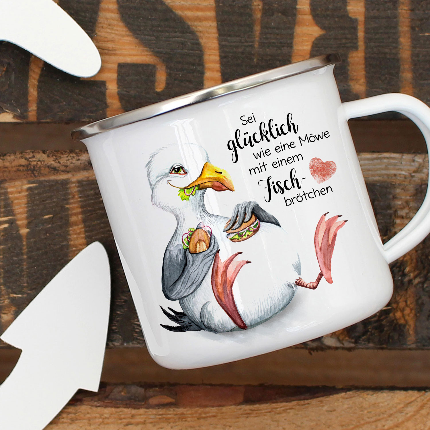 Emaille Becher Camping Tasse Möwe Vogel Spruch Sei glücklich wie eine