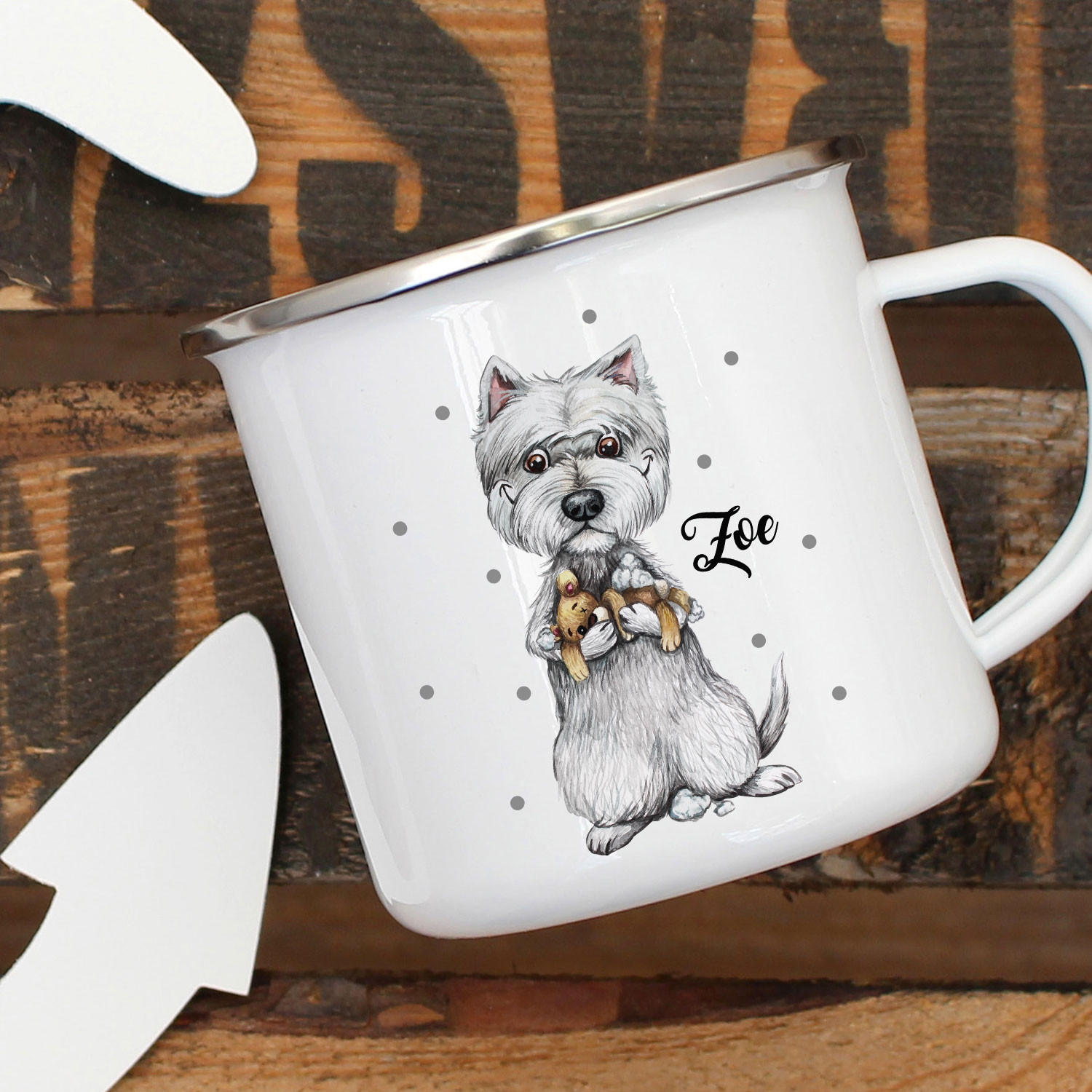 Emaillebecher Becher Tasse Camping Cesar Hund Hündchen & Wunschname