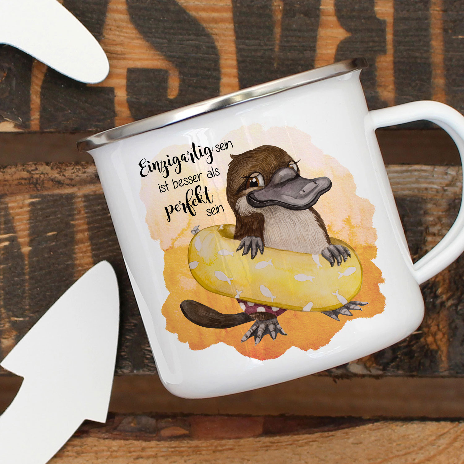 Emaille Becher Camping Tasse Schnabeltier Mit Schwimmring Spruch Einzigartig Perfekt Kaffeetasse Geschenk Spruchbecher Eb412 Wandtattoos Elfentur Tassen