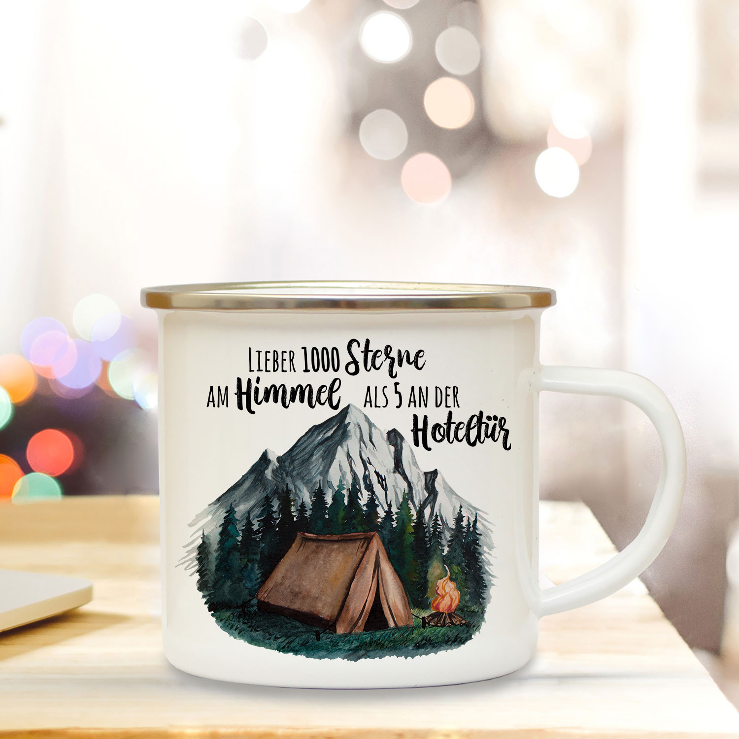 Emaille Becher Camping Tasse Zelt campen Wildnis Wald Berge & Spruch