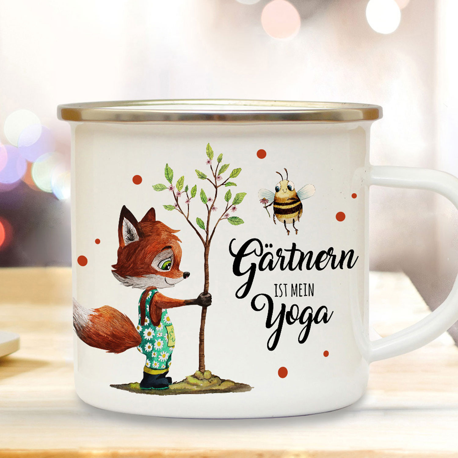 Emaille Becher Camping Tasse Fuchs mit Hummel & Spruch Gärtnern ist
