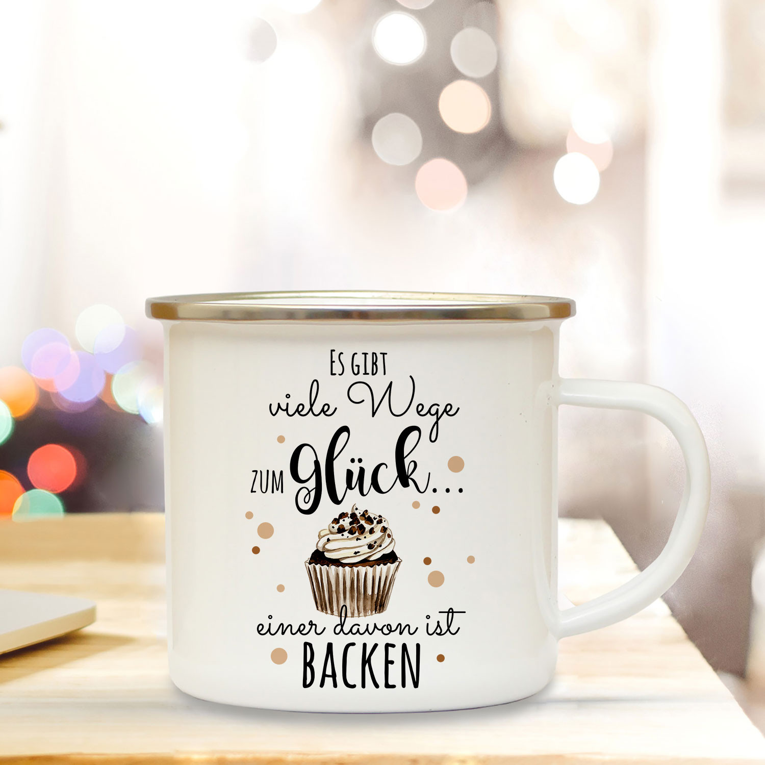 Emaille Becher Camping Tasse mit Kuchen Törtchen Muffin & Spruch viele