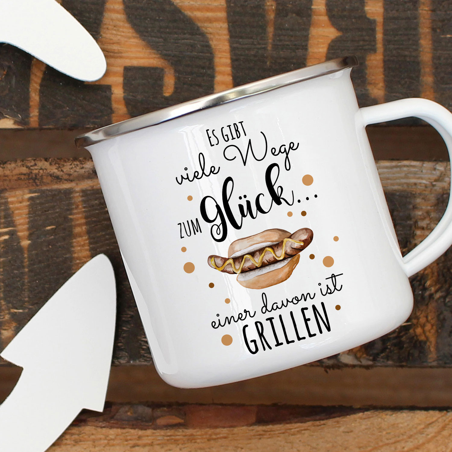 Emaille Becher Camping Tasse mit Bratwurst im Brötchen & Spruch viele