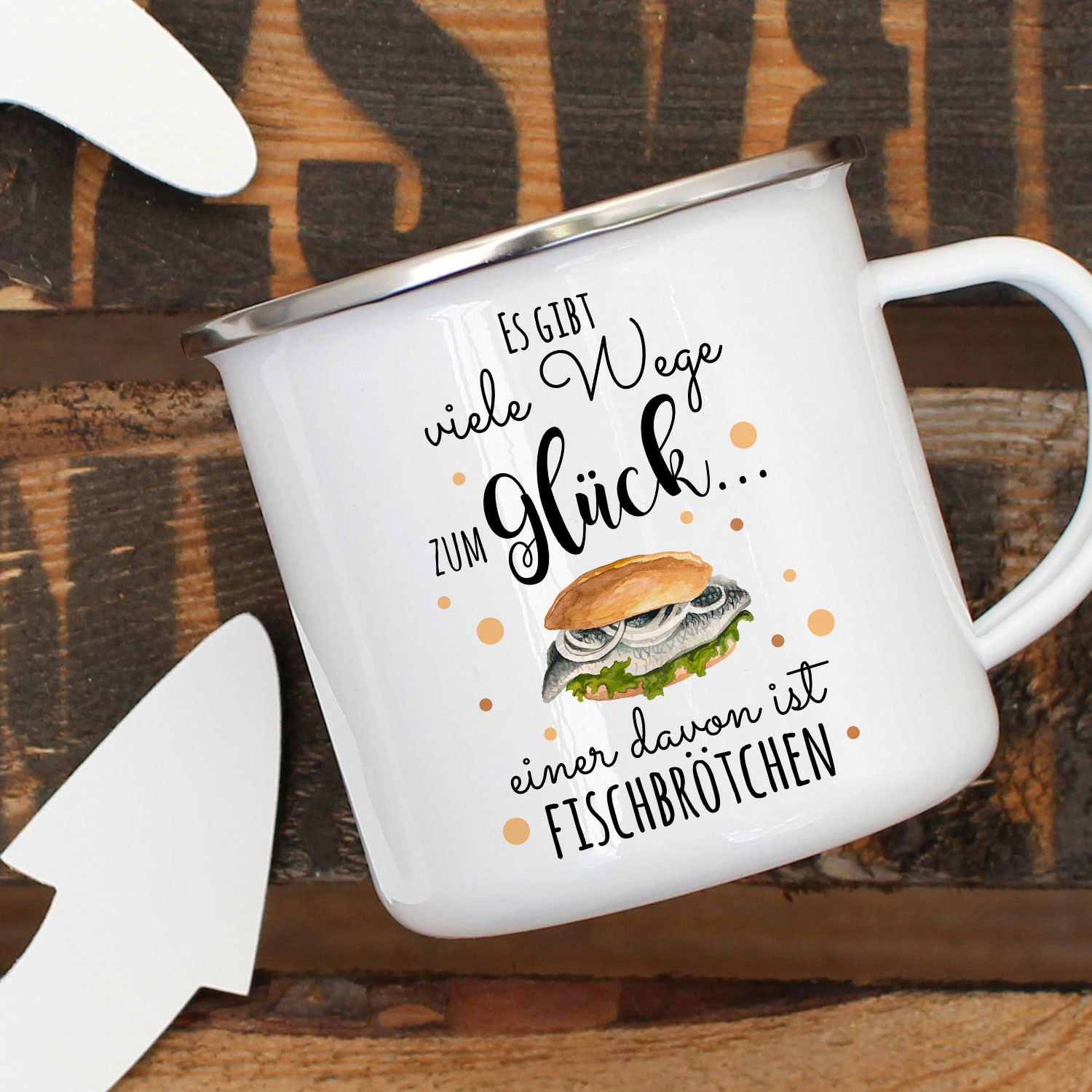 Emaille Becher Camping Tasse mit Fischbrötchen &amp; Spruch viele Wege zum Glück&hellip; Kaffeetasse