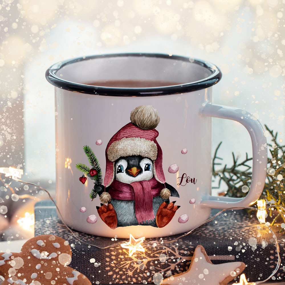Emaille Becher Camping Tasse Winter Pinguin & Name Wunschname Kaffeetasse  Weihnachten Geschenk Weihnachtsmotiv eb475 ~ Wandtattoos Elfentür, Tassen