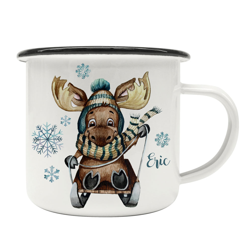 Emaillebecher Becher Tasse Camping Pinguin mit Schlitten & Wunschname Name  Kaffeetasse Winter Weihnachten Geschenk eb577