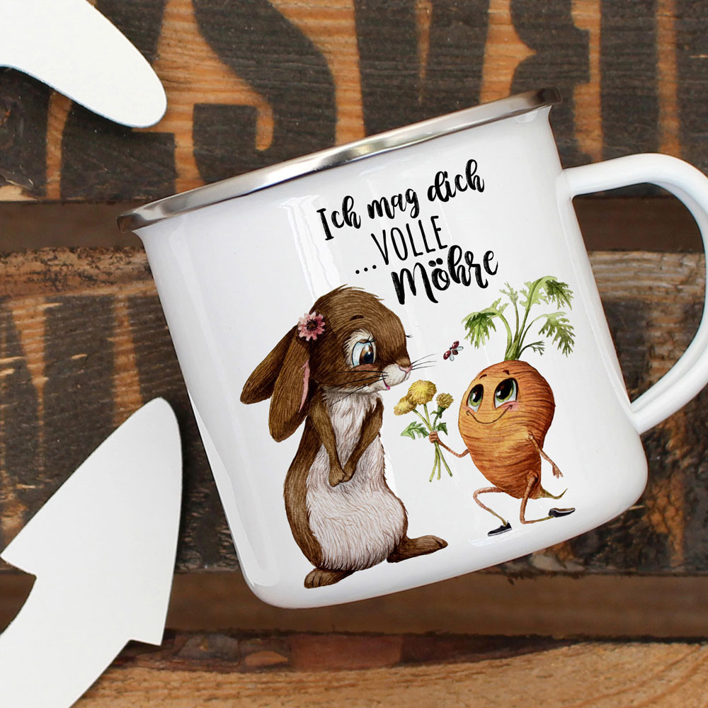 Emaille Becher Camping Tasse mit Hase Häschen mit Karotte & Spruch Ich