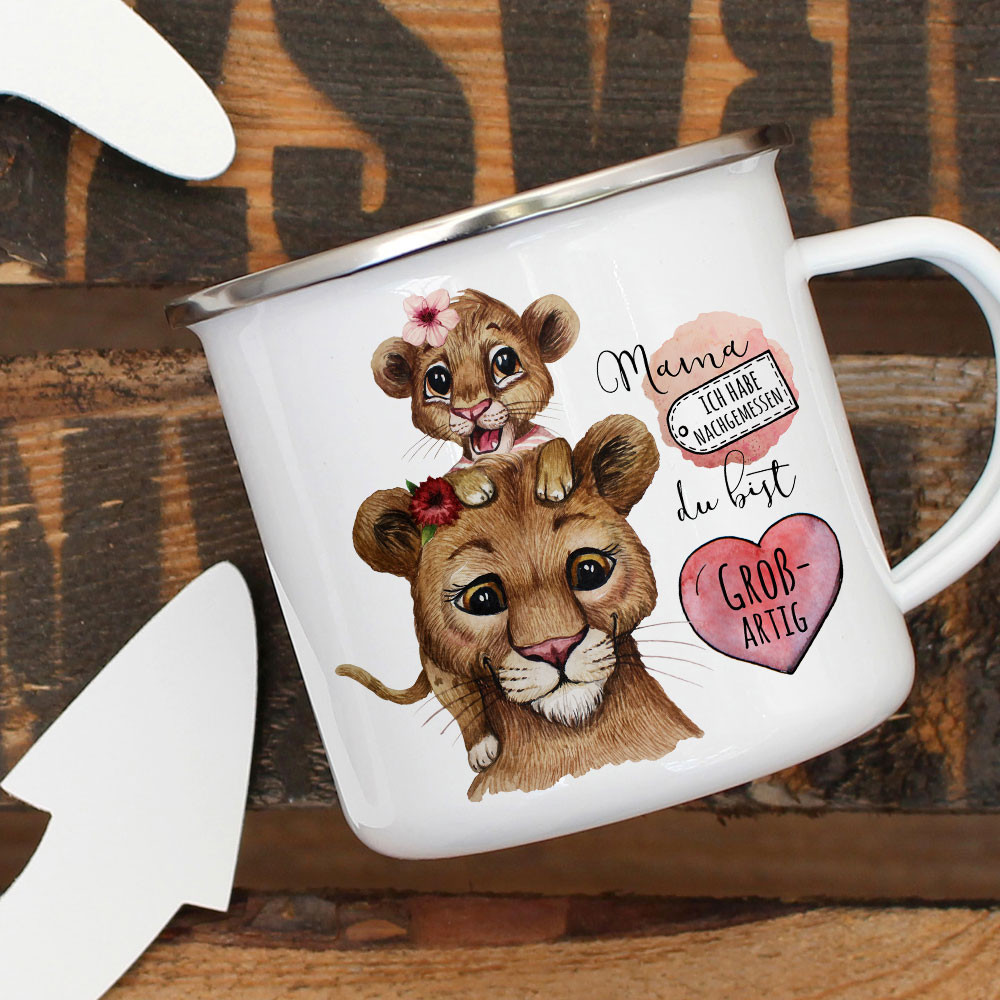 Emaille Becher Camping Tasse Löwe Löwenmama Mama mit Tochter &amp; Spruch Mama du bist großartig