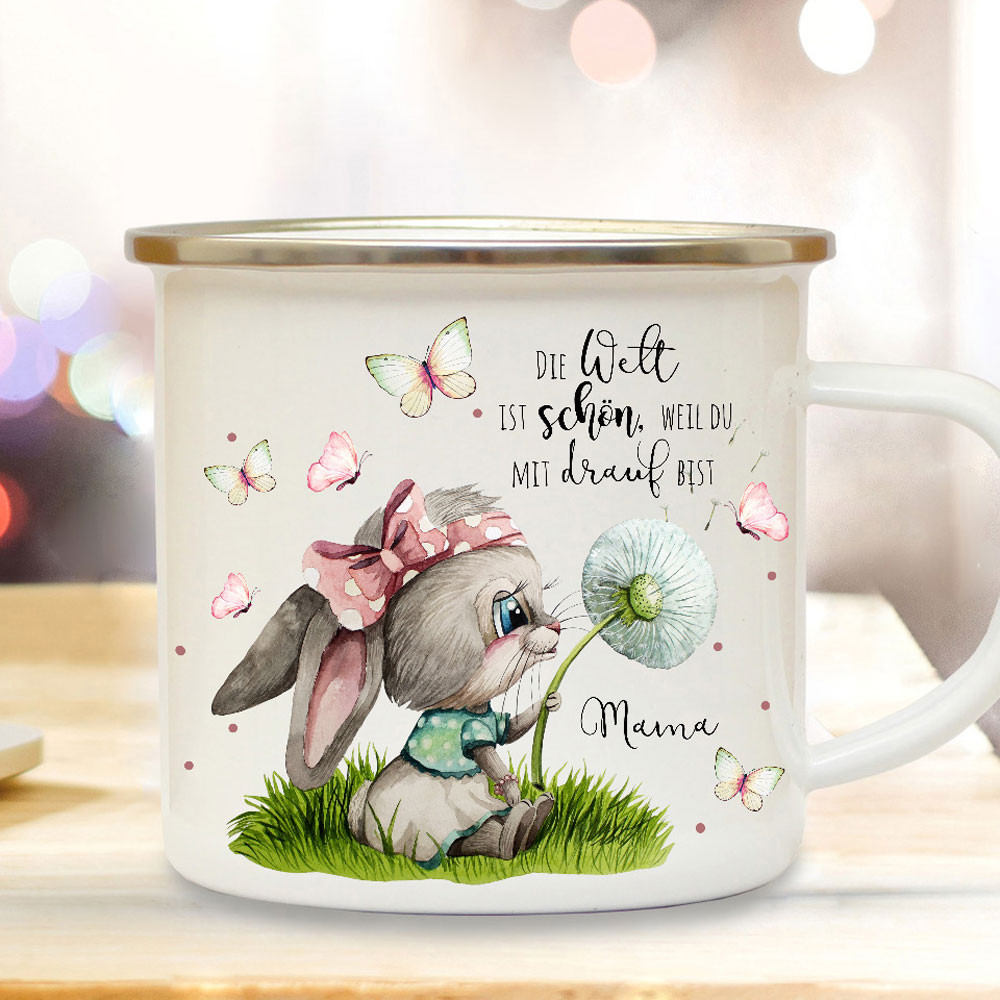 Emaille Becher Camping Tasse Hase Haschen Mit Pusteblume Spruch Die Welt Ist Schon Weil Du Drauf Bist Geschenk Mama Muttertag Eb519 Wandtattoos Elfentur Tassen