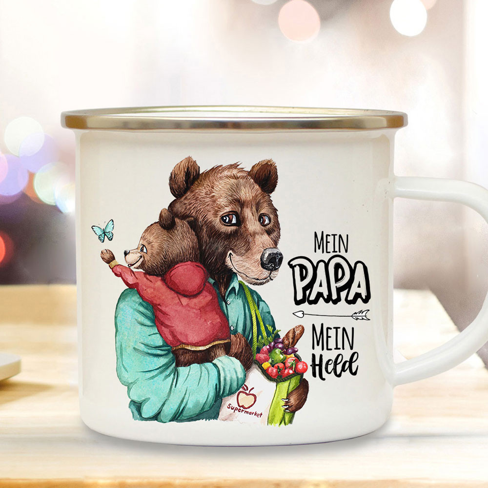 Emaille Becher Camping Tasse Bär Bärenpapa Papa Kind ...