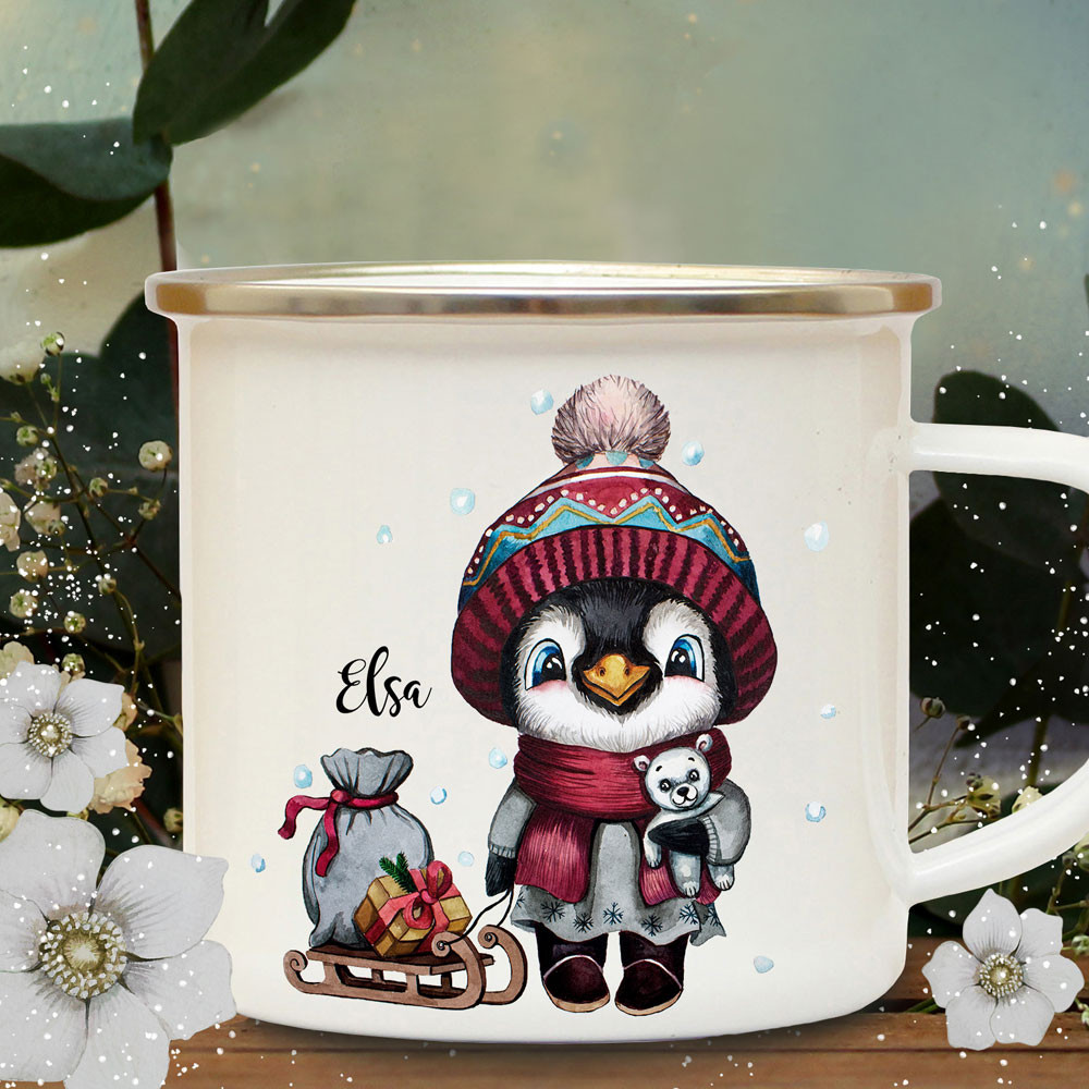 Emaillebecher Becher Tasse Camping Pinguin mit Schlitten & Wunschname Name  Kaffeetasse Winter Weihnachten Geschenk eb577 ~ Wandtattoos Elfentür, Tassen